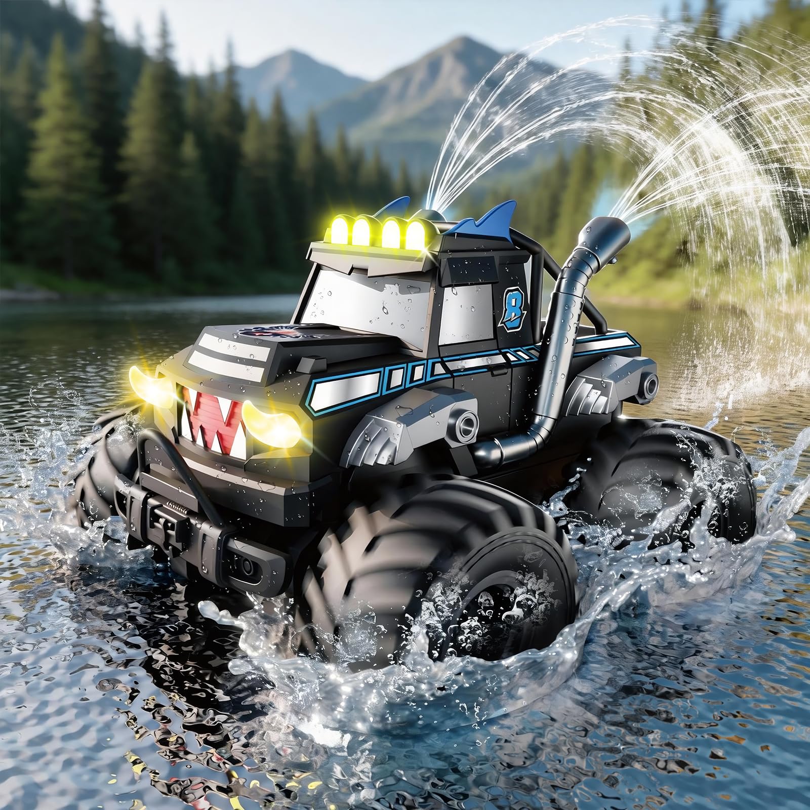 Voiture Télécommandée Tout Terrain Amphibie，2.4GHz Voiture Télécommandée Enfant, 4x4 télécommandée tout terrain, Monstertruck RC avec 360° Drift, Jouet Cadeau pour Garçon Fille 6 ans et plus (Bleu)