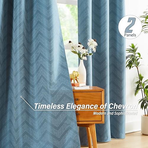 Miniatura 2 de Cortinas opacas azules para ventana de dormitorio, 84 pulgadas de largo, patrón geométrico con aislamiento térmico, paneles de cortina de eficiencia