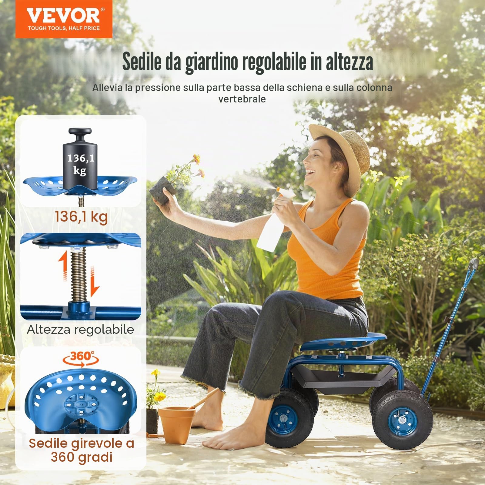 VEVOR Sedile da Giardino a Rotelle Sgabello da Giardinaggio Girevole a 360° su Ruote Gonfiabili Carrello da 25,4cm con Sedile 760x450x960 mm Manico Allungabile Vassoio Porta Attrezzi per Patio Cortile