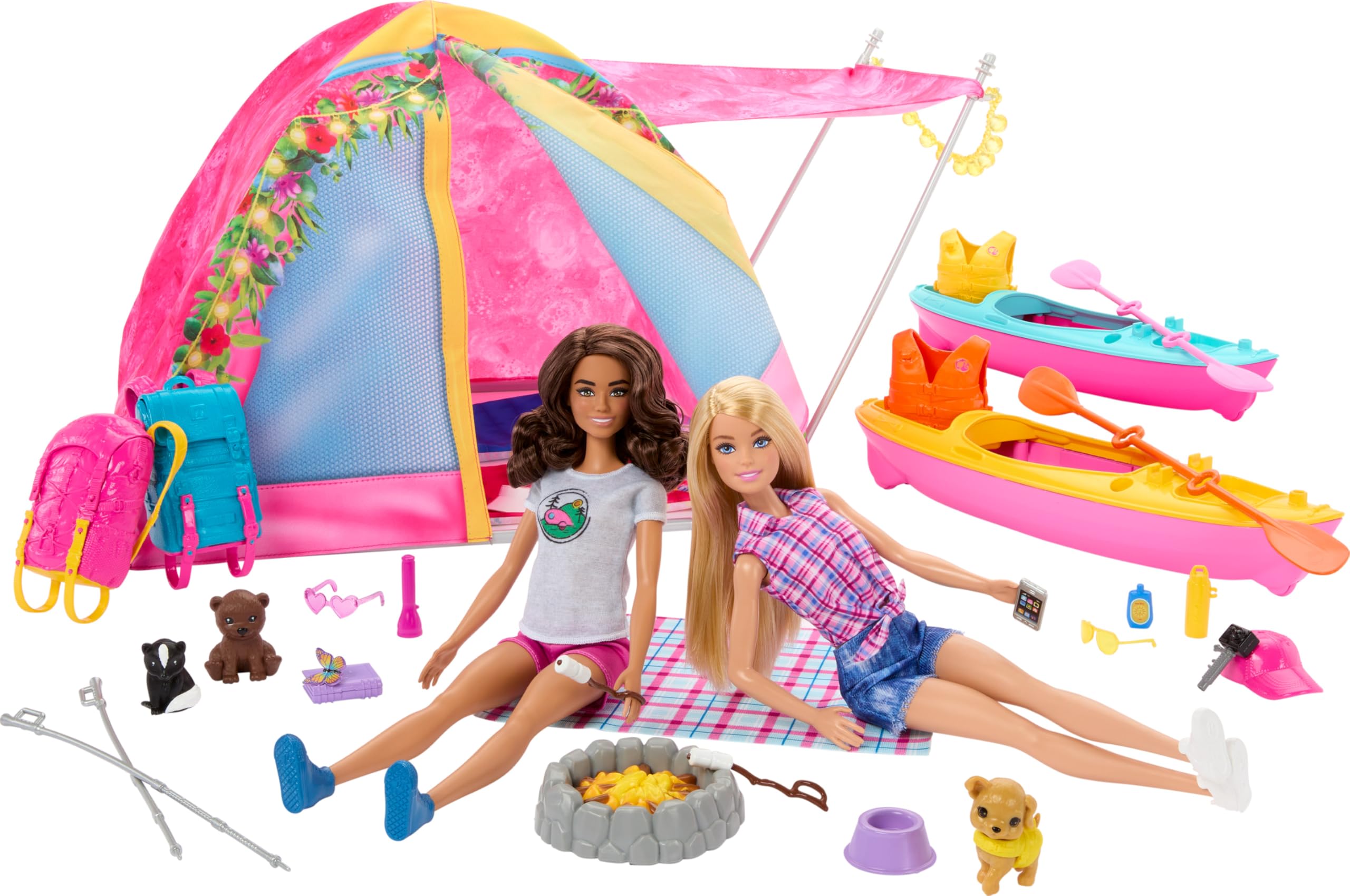 Barbie-Puppen und Zubehör, 2 modische Puppen brünette und blonde mit Zelt, 2 Schlafsäcke, Kajaks und mehr als 15 Campingzubehör Spielzeug