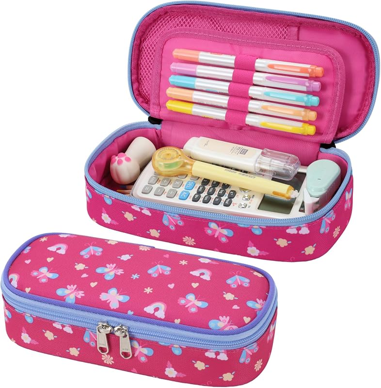 Cute Kids Pencil Case - Girls Pen Pouch Large School Organizer | Pen Bag & Smooth Zipper, Multi-Slot Storage, Mesh Pocket, 900D Water Resistent, Giftable School Supplies, Rose Pink Butterfly