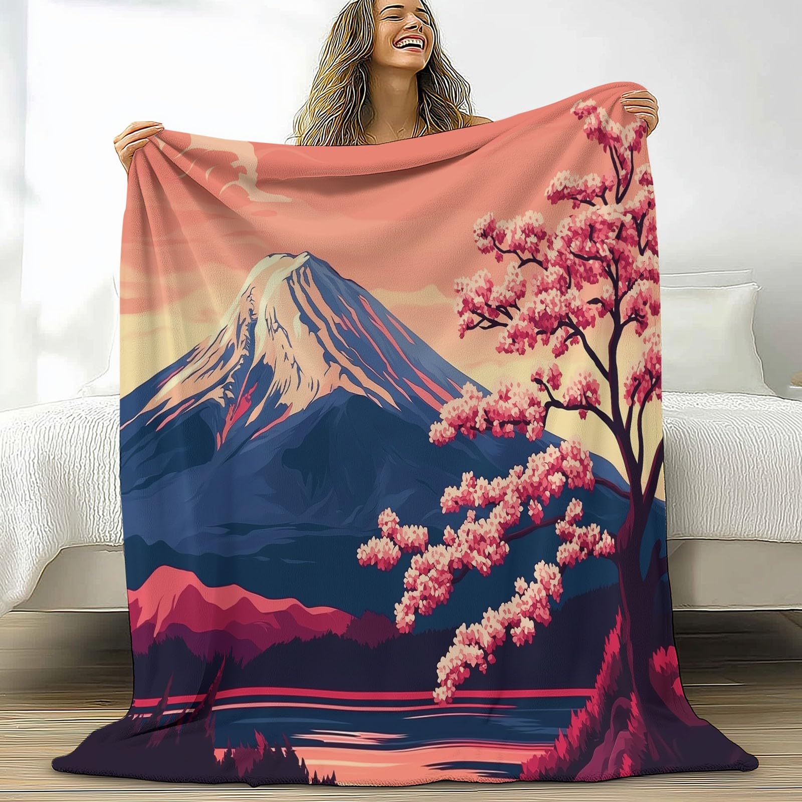 Couverture en Flanelle Cerisiers De Montagne À La Japonaise 180 x 200 cm Couvertures en Polaire en Microfibre Polaire Toutes Saisons pour Voyage Canapé pour Voyager Lit Canapé Enfants Adultes, Kaki