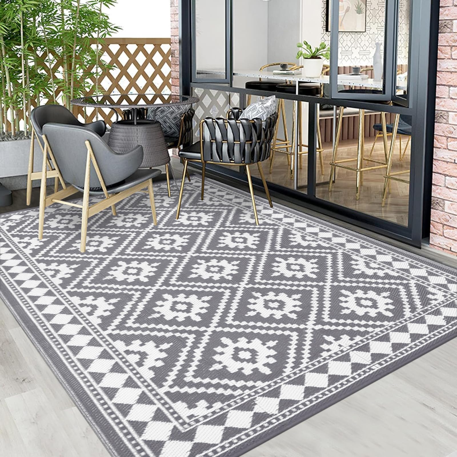 Enyhom Outdoor Rug Waterproof, 150 x 240 cm Large Reversible RV Camping Mat, Plastic Straw Rug UV Resistant Garden Rug, Recycled Lightweight Portable Picnic Area Rugs for Porch Backyard BBQ, Grey — image 1