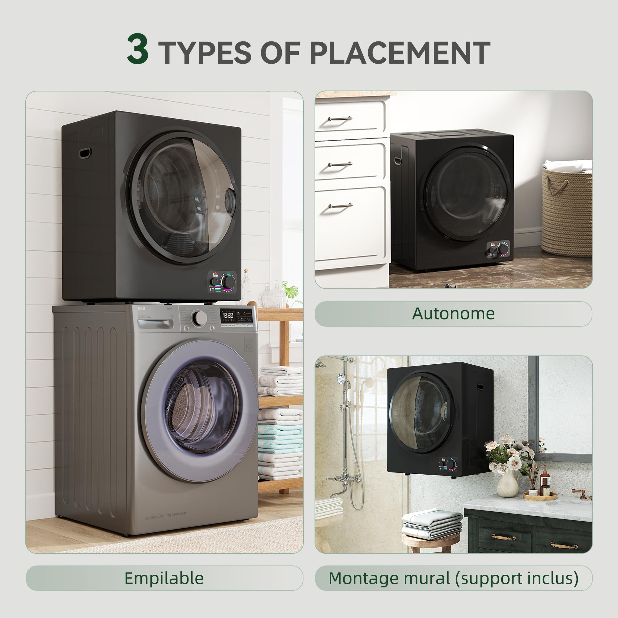 HOMCOM Sèche-linge à évacuation portable électrique 850W 2,5Kg acier inoxydable 4 modes séchage noir