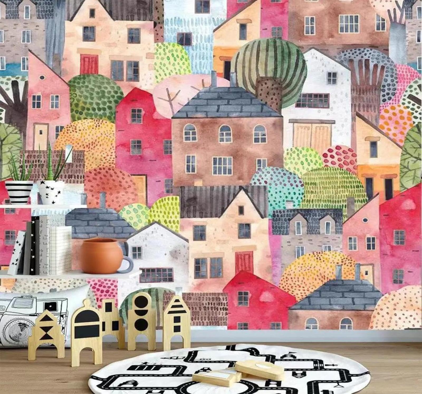 Wallpaper-3D-Xlm 250Cm×170Cm(B×H) Cartoon Hand Drawn Creative Colourful House 3D Wallpaper Easy Install Feature Office Living Room Sofa Bedroom Tv Background Wall Decoration-250Cm×170Cm