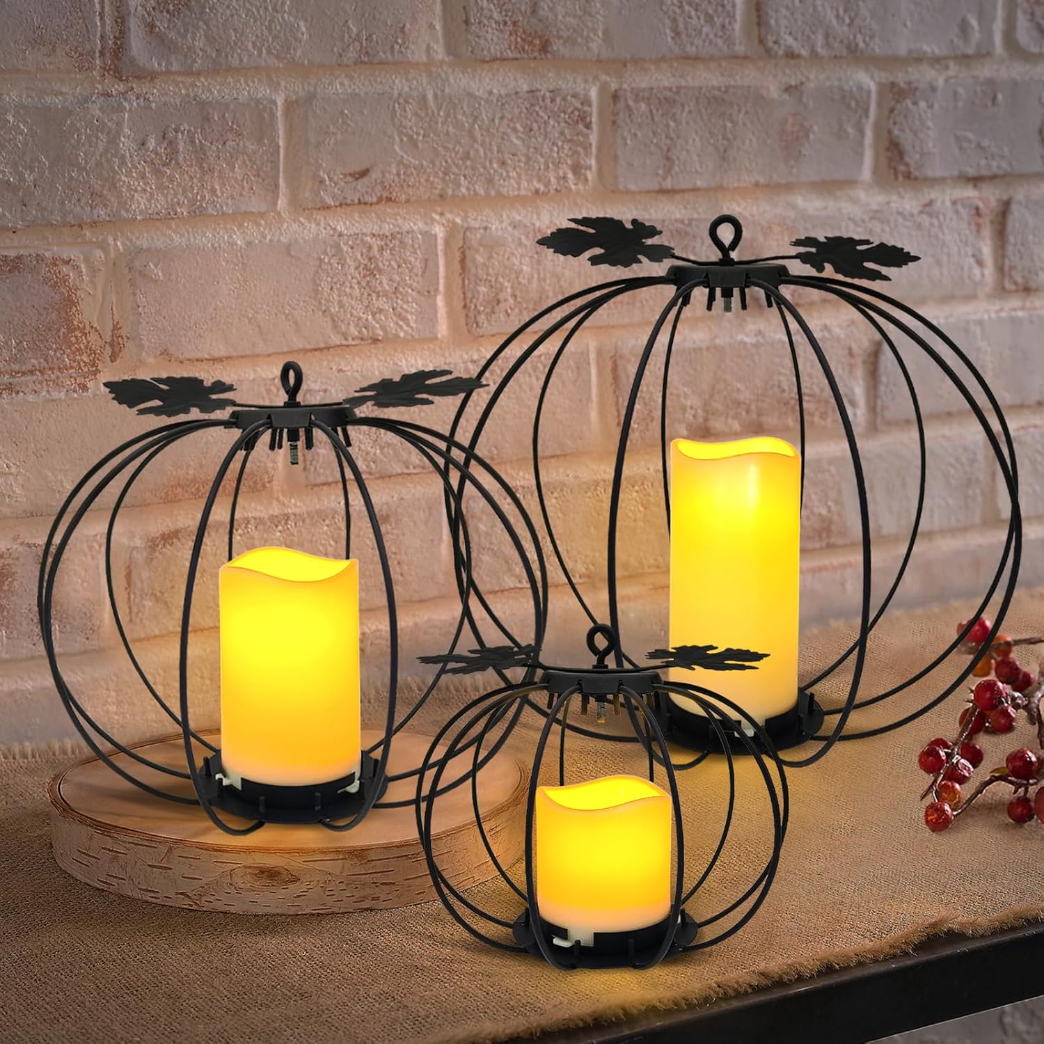 Halloween Metal Pumpkin Candle Holder, 3 Pcs Light up Black Pumpkin Lantern with LED Flickering Yellow Candle Lights Build in Timer for Thanksgiving Halloween Harvest Fall Home Decor Balck
