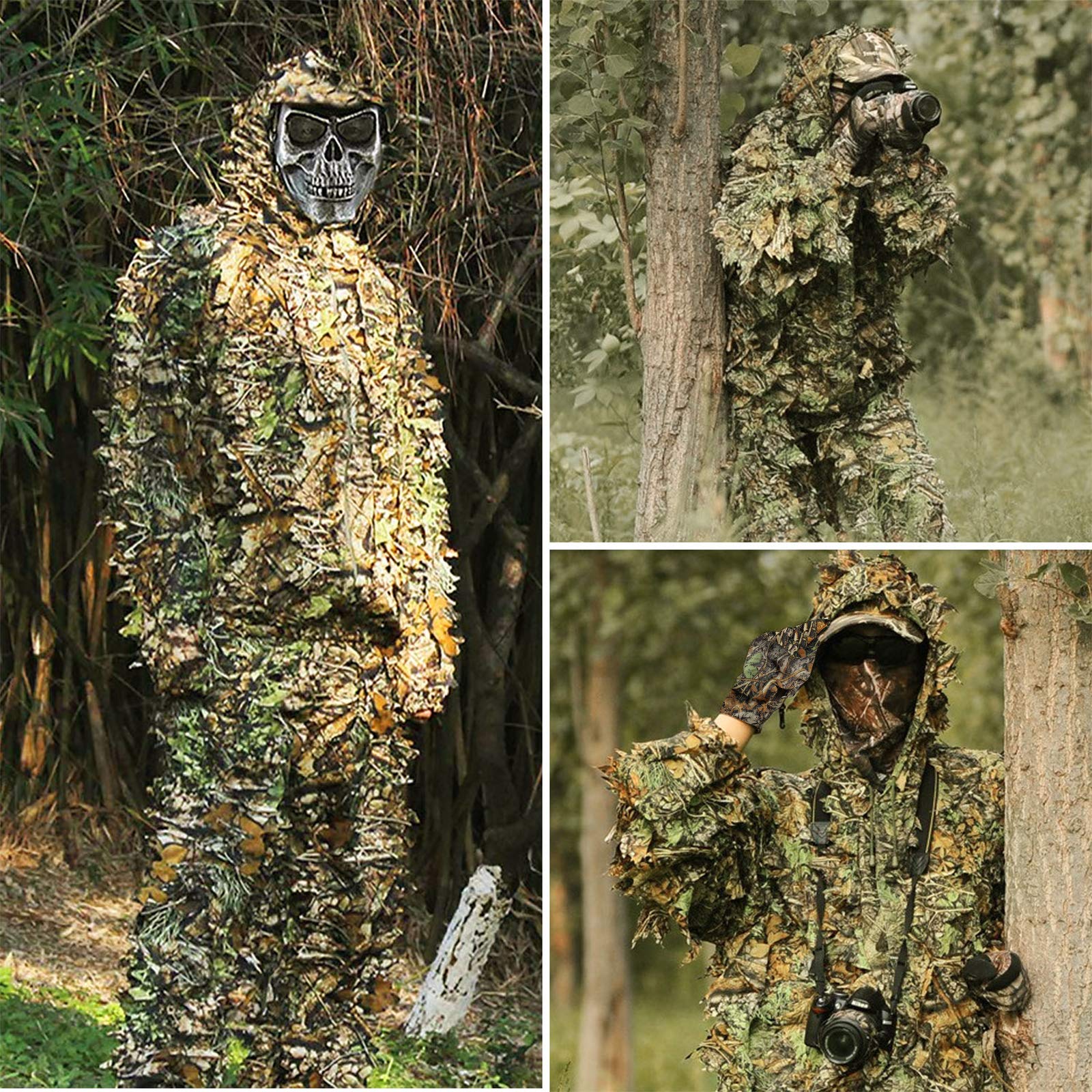 ANYDKE Ghillie Suit Camouflage Hunting Suits Outdoor 3D Leaf Lifelike Camo Clothing Lightweight Breathable Hooded Apparel Suit for Jungle Shooting Airsoft Woodland Photography or Halloween