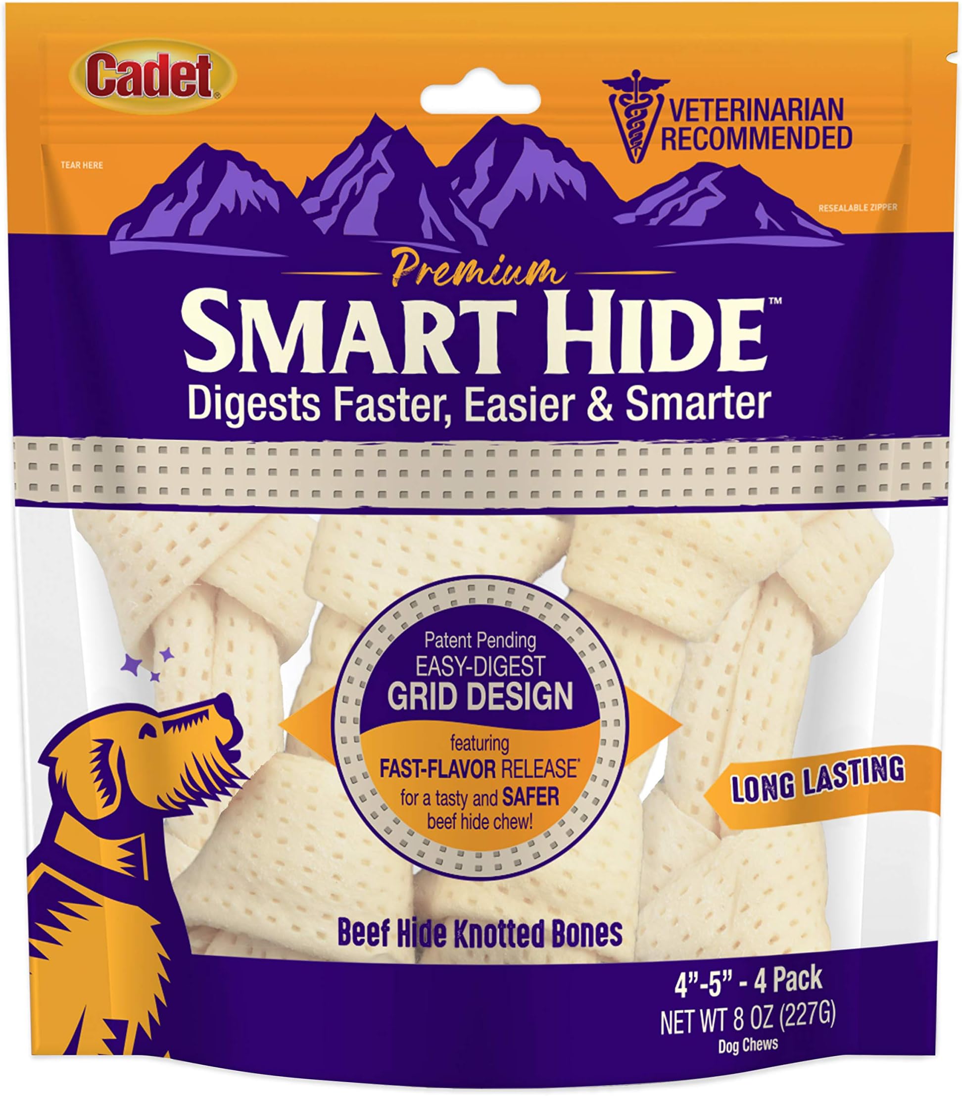 CadetSmart Hide Easily Digestible Rawhide Knotted Bone for Dogs 4-5" 4 Pack