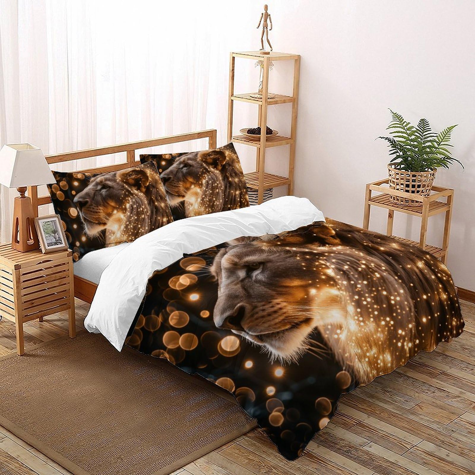 Housse de couette lion 260x220 cm en microfibre avec 2 taies d'oreiller pour lit super king