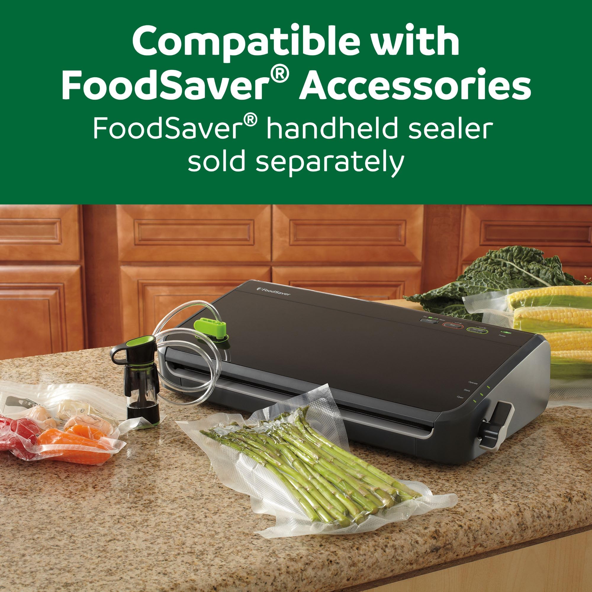 FoodSaver Envasadora al vacío con detección automática de bolsas, bolsa de sellado y rollo y aspirador de mano para almacenamiento hermético de alimentos y Sous Video, color plateado