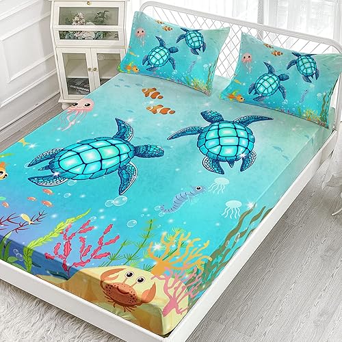 Miniatura 2 de Sábana bajera ajustable de tortuga marina con diseño de tortuga de reptiles, animales marinos, funda de cama para adolescentes y adultos, incluye 1
