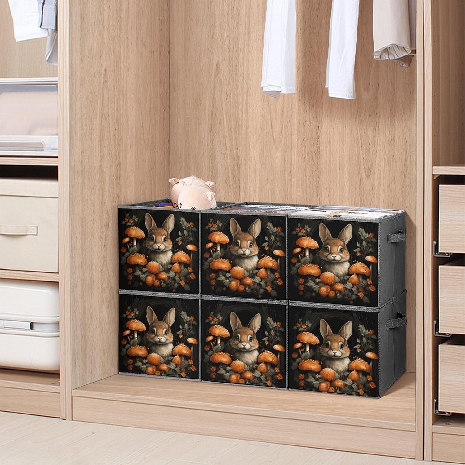 Rabbit with Mushrooms Storage Cubes Set of 6 Storage Bins with Handles Collapsible Storage Basket Fabric Storage Box for Shelves Large Closet Shelf Organizer for Organization 11 Inch