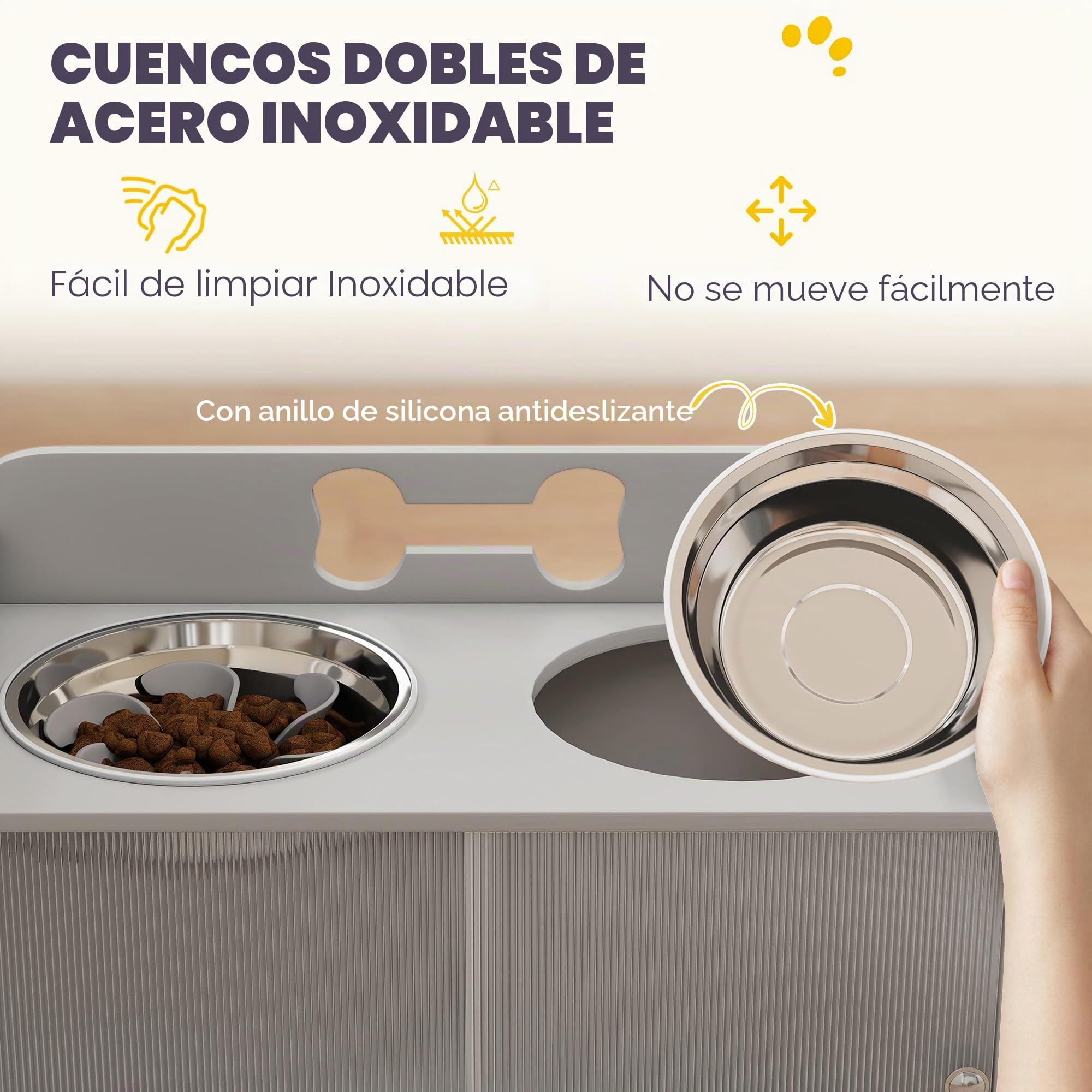 PawHut Comedero Elevado para Perros con Armario de Almacenamiento de 50 l, 2 Cuencos de Acero Inoxidable con Anillos Antideslizantes, Puertas correderas, comedero con comedero Lento para Perros