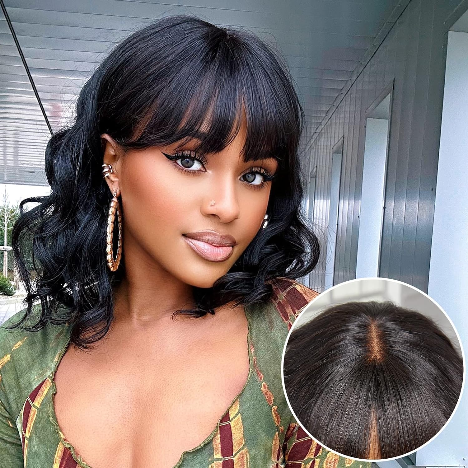 BLISSHAIR 14 Pollici ricci pizzo chiusura parrucca con frangetta umano capelli capelli sciolti onda naturale brasiliana ricci per le donne (14 pollici)