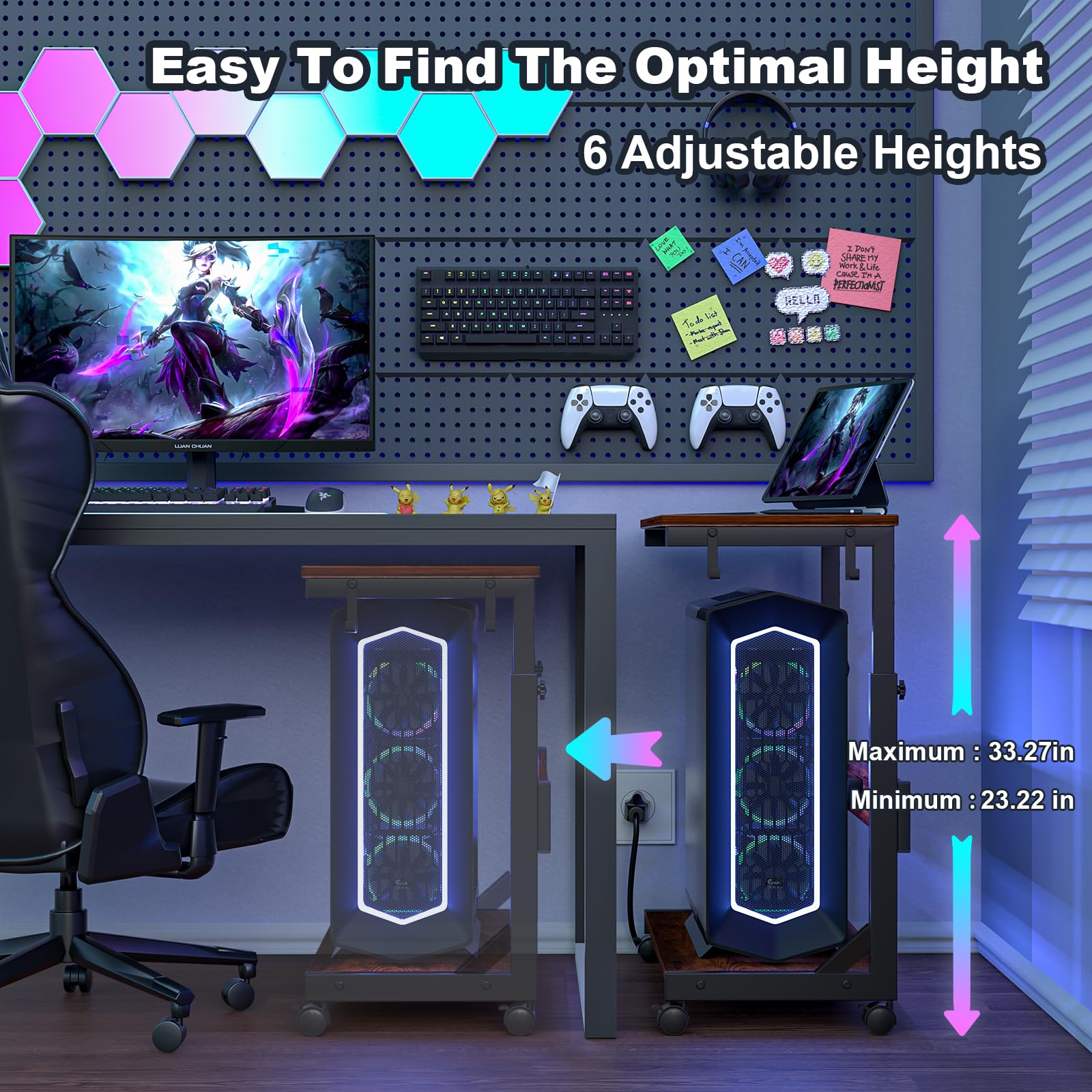 Height Adjustable Computer Tower Stand with Charge Station and USB Charging Port 2-Tier ATX-Case Cart Under Desk Mobile — view 4