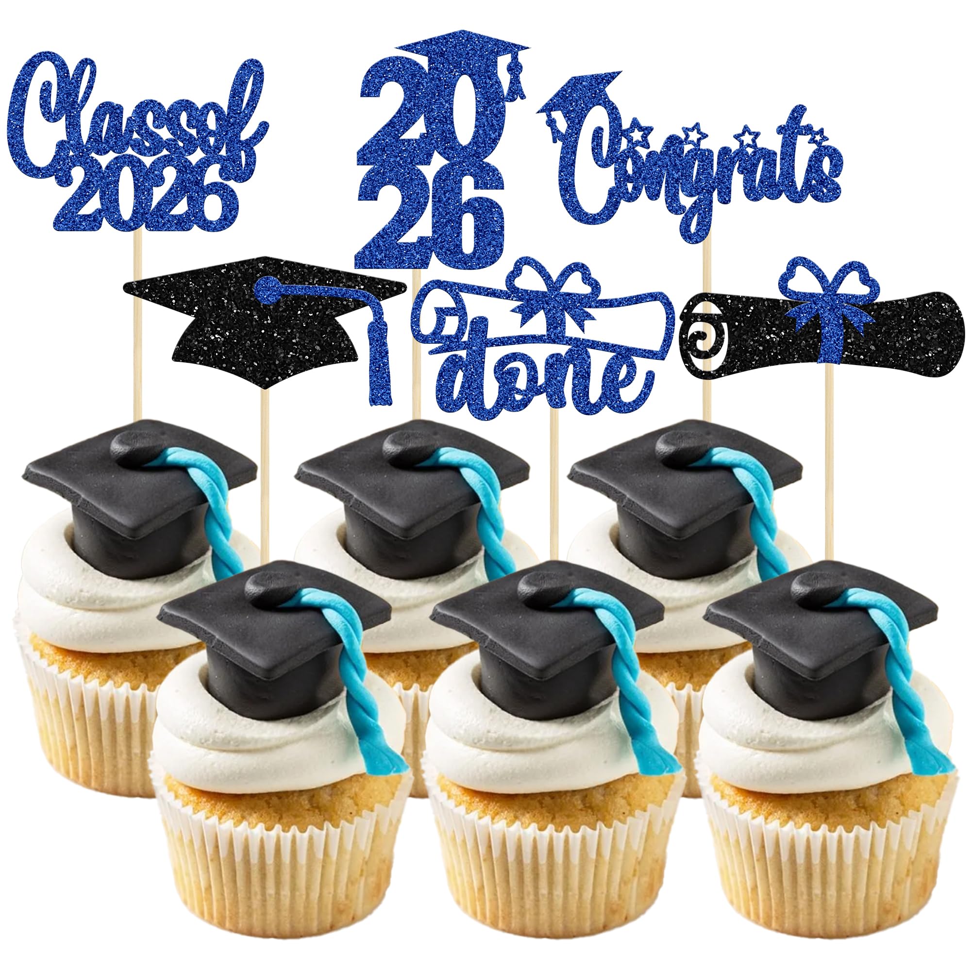 24 Pack 2026 Graduation Done Cupcake Toppers Blue Glitter Congrats Class of 2026 Diploma Grad Cap Cupcake Picks 2026 Done Cake Decoratiosn for 2026 Graduation Theme Party Supplies