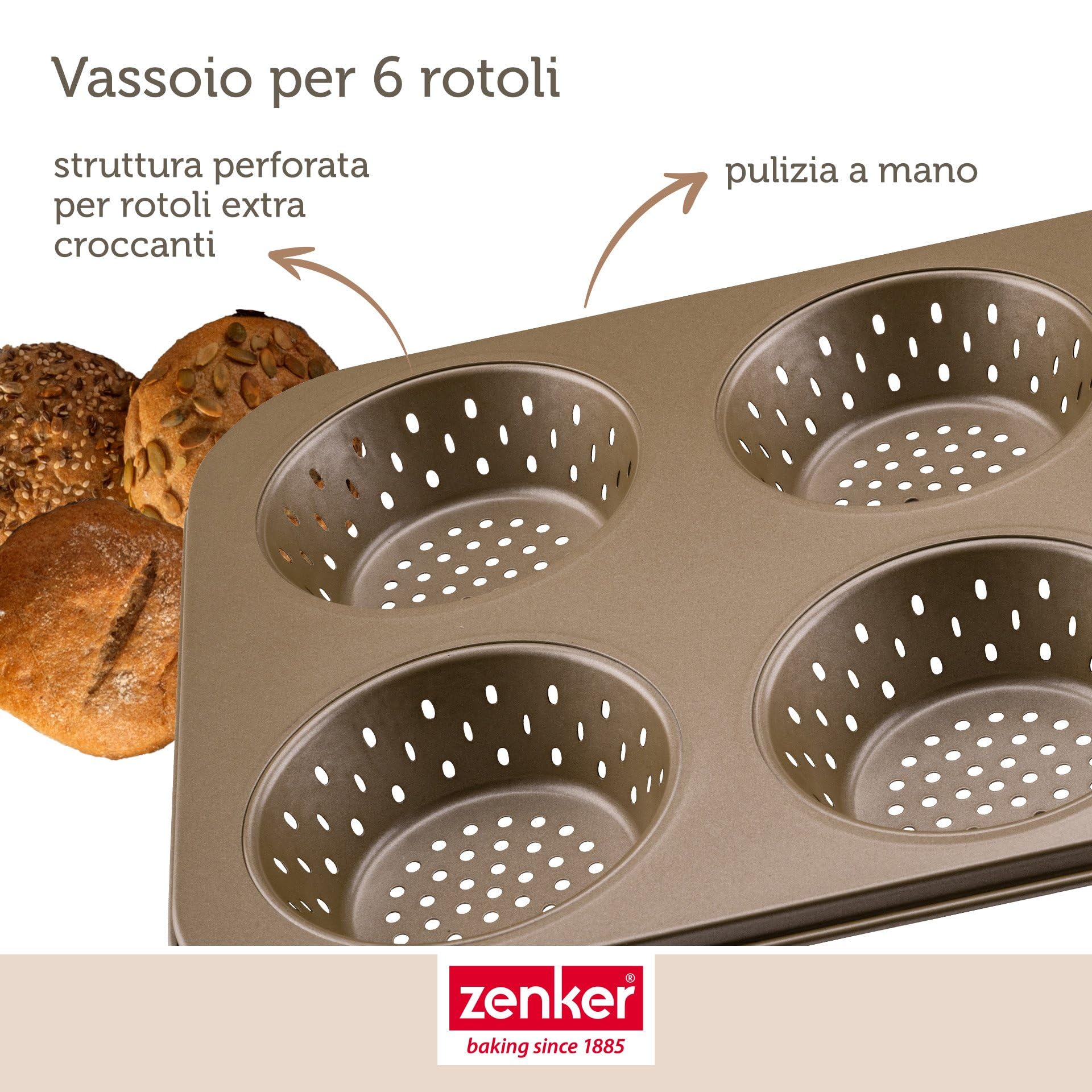 Zenker 6 teglie per panini – Stampo perforato per panini croccanti – Rivestimento antiaderente che impedisce l'incollaggio – Resistente al calore fino a +230°C, 34 x 22 x 3 cm
