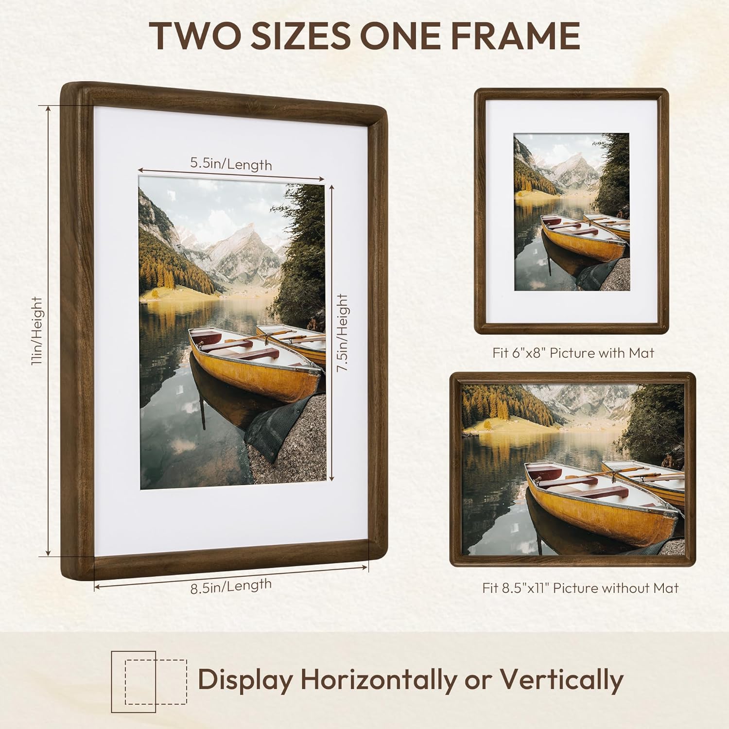 8.5x11 Picture Frame with HD Tempered Glass, USA-Sourced Walnut Wood Photo Frame Matted to 6x8, Rounded Corner 8.5x11 Wood Frames, Vertical or Horizontal Display Poster Gallery Wall & Tabletop Frames - Image 3