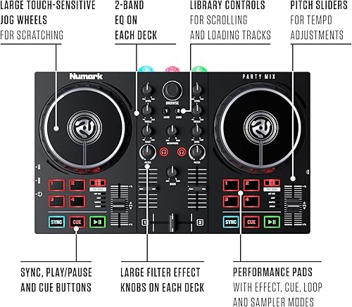 Miniatura 4 de Numark Party Mix II - Controlador de DJ con luces de fiesta juego de DJ con 2 cubiertas mezclador de DJ interfaz de audio y conectividad USB  Serato