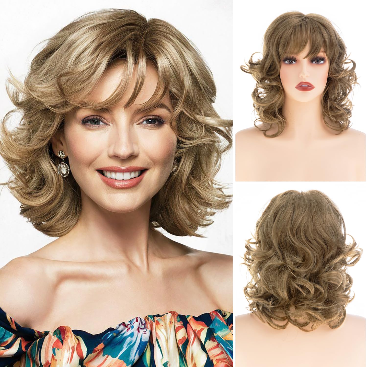 Dsimeig Kurze Curly Wellig Braun Perücken für Frauen Synthet