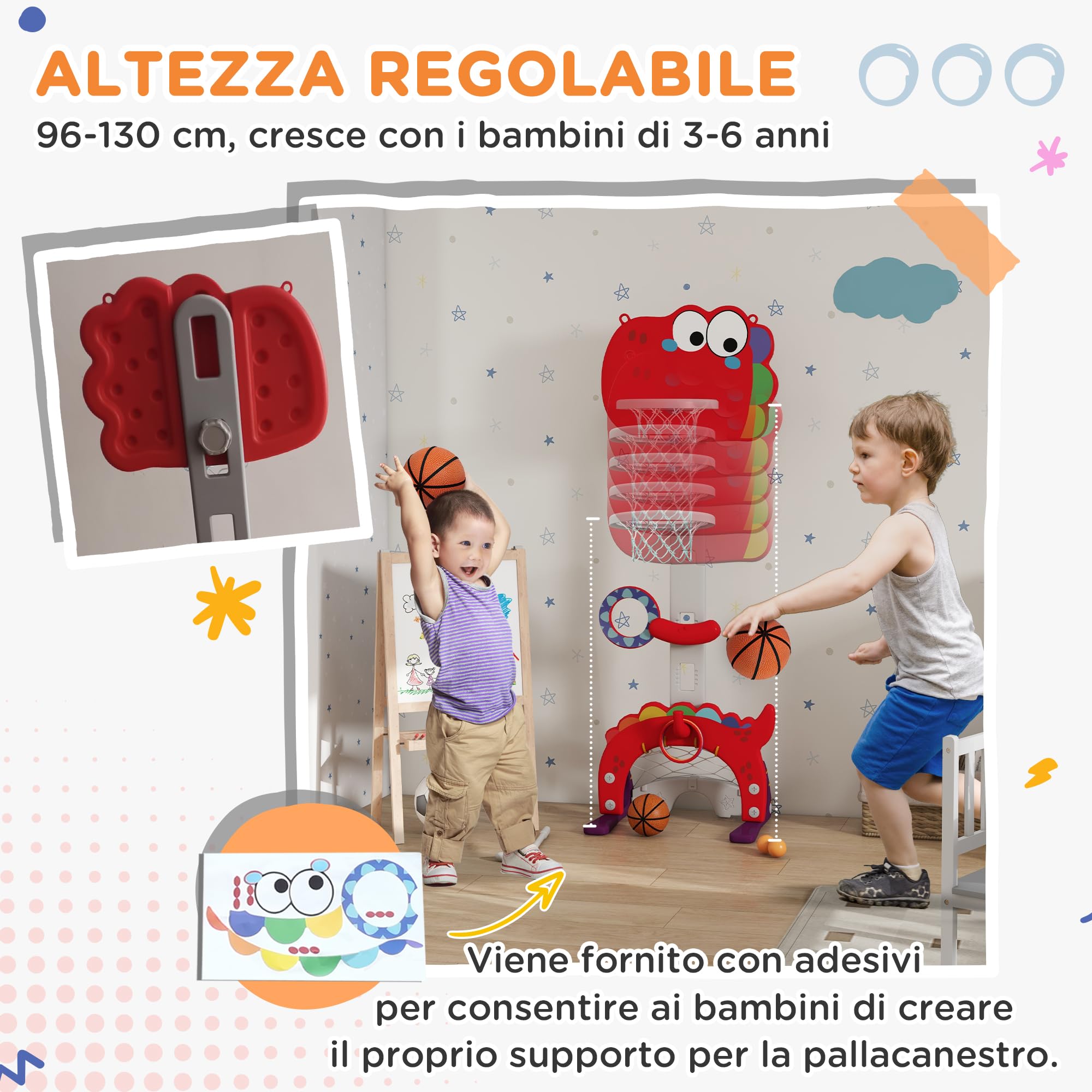 AIYAPLAY Canestro Basket per Bambini 5 in 1 con Altezza Regolabile, Porta da Calcio e Golf, Gioco per Bambini da 3-6 Anni, Rosso