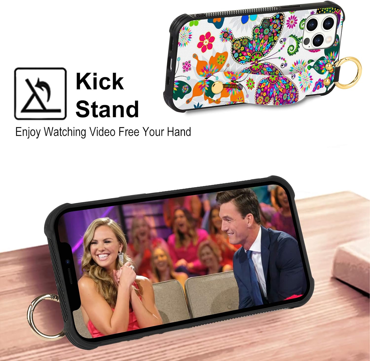 OOK Compatible with iPhone 12 Pro Max Case Butterfly Design Wrist Strap Cell Phone Cover with Lanyard Kickstand Band Protective Shockproof Stand Pattern Bumper Case for Women Girls