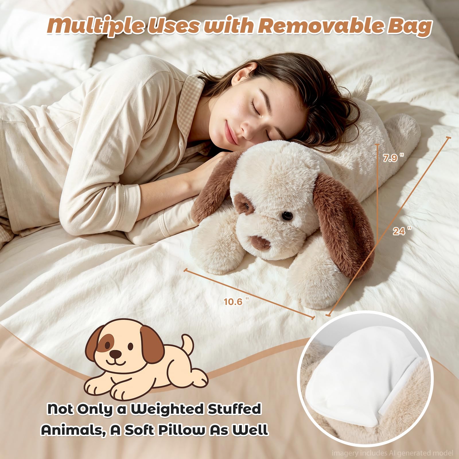 Bobbie & Laxi Peluche de perro con peso de 24 pulgadas y 4.4 libras, almohadas de peluche ajustables para sentarse y acostarse con bolsa de cerámica extraíble para compañero, regalos suaves y suaves