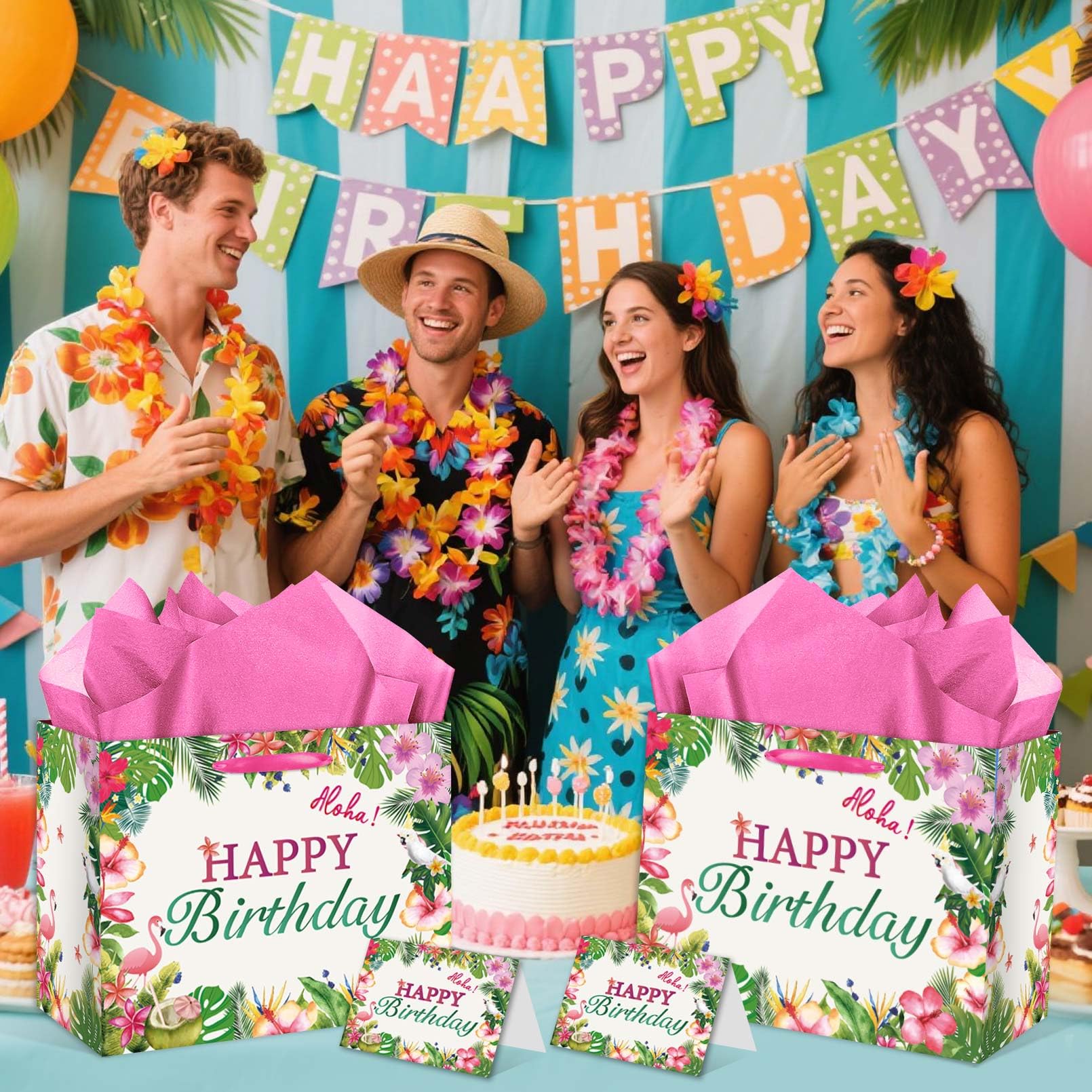 EIGHTSTATES Hawaiian Birthday Gift Bag Large Aloha Happy Birthday Party Decorations - Tropical Summer Beach Pool Party Favor Supplies - Includes Tissue Papers & Greeting Card - Luau Theme Gift Bags