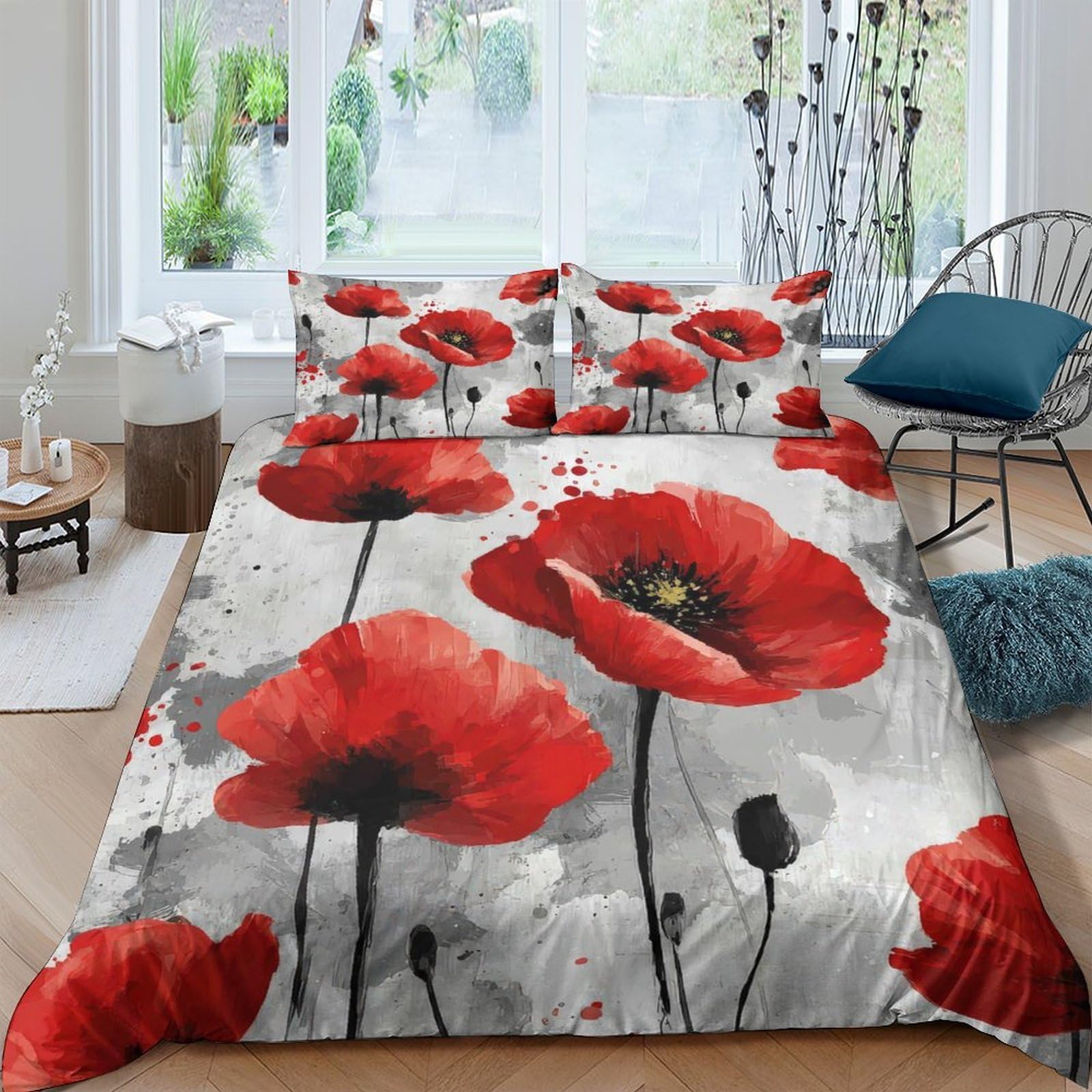 Ctjqhvkz Style-2 3D Printed Red Poppy Flower Fitted Sheet Microfiber Soft Breathable Abstract Mattress Cover For Bedroom Decor Single（135X200cm）