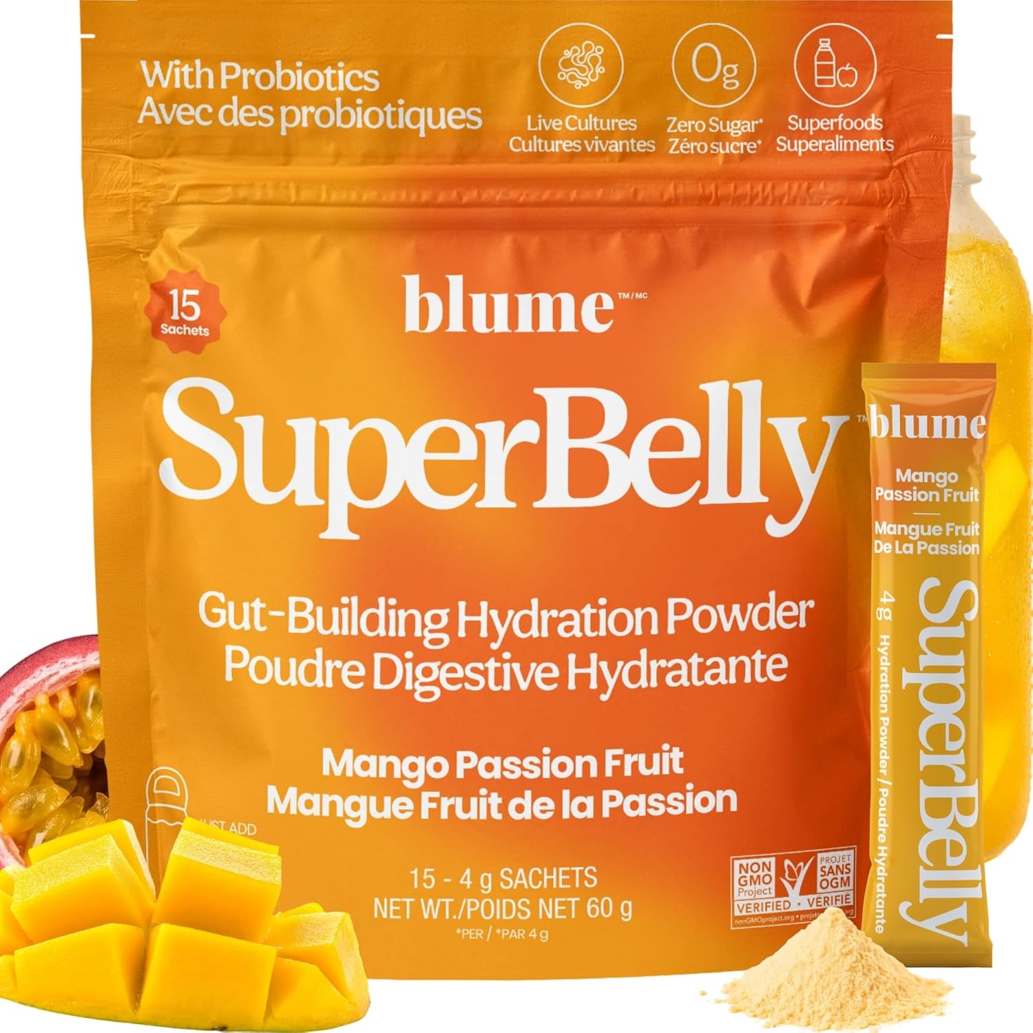 Blume SuperBelly Packets, Sugar-Free, with, Apple Cider Vinegar- Mango Passion Fruit, 15 Sticks - Canadian Brand