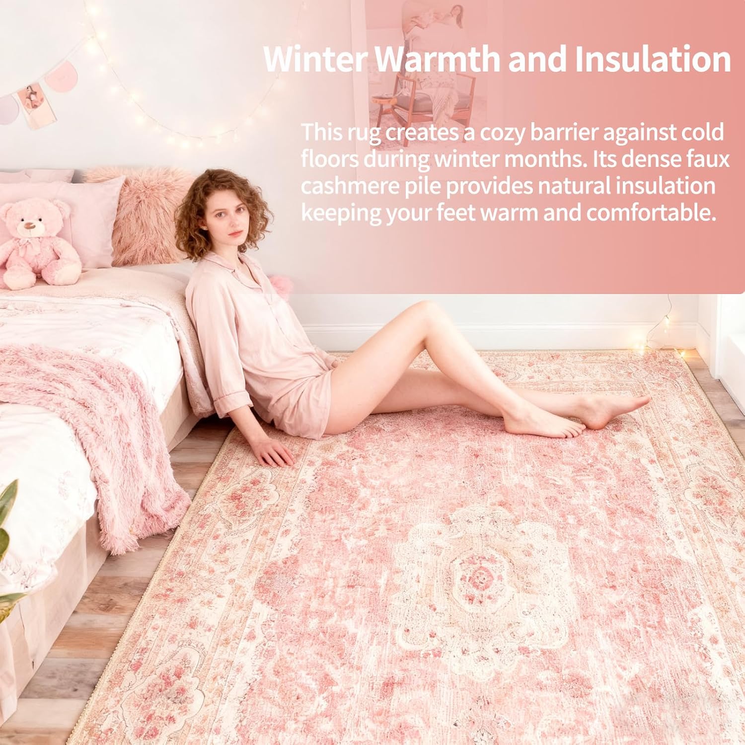 Sunnova Faux Cashmere Area Rug Soft Low Pile Insulates Cold Floors Warm Winter Use for Nursery Living Room Bedroom Large Pink Size 3x5