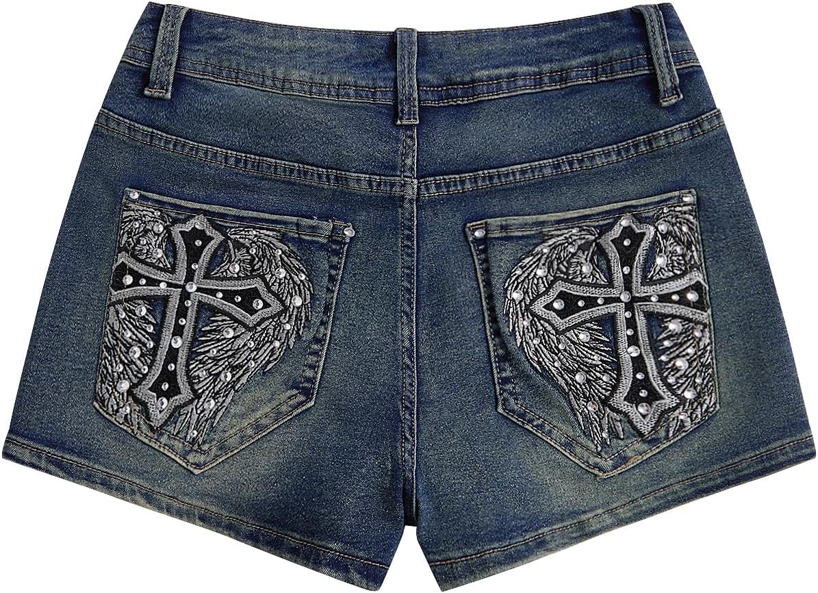 WDIRARA Women's Cross Embroidery Rhinestone Mini Denim