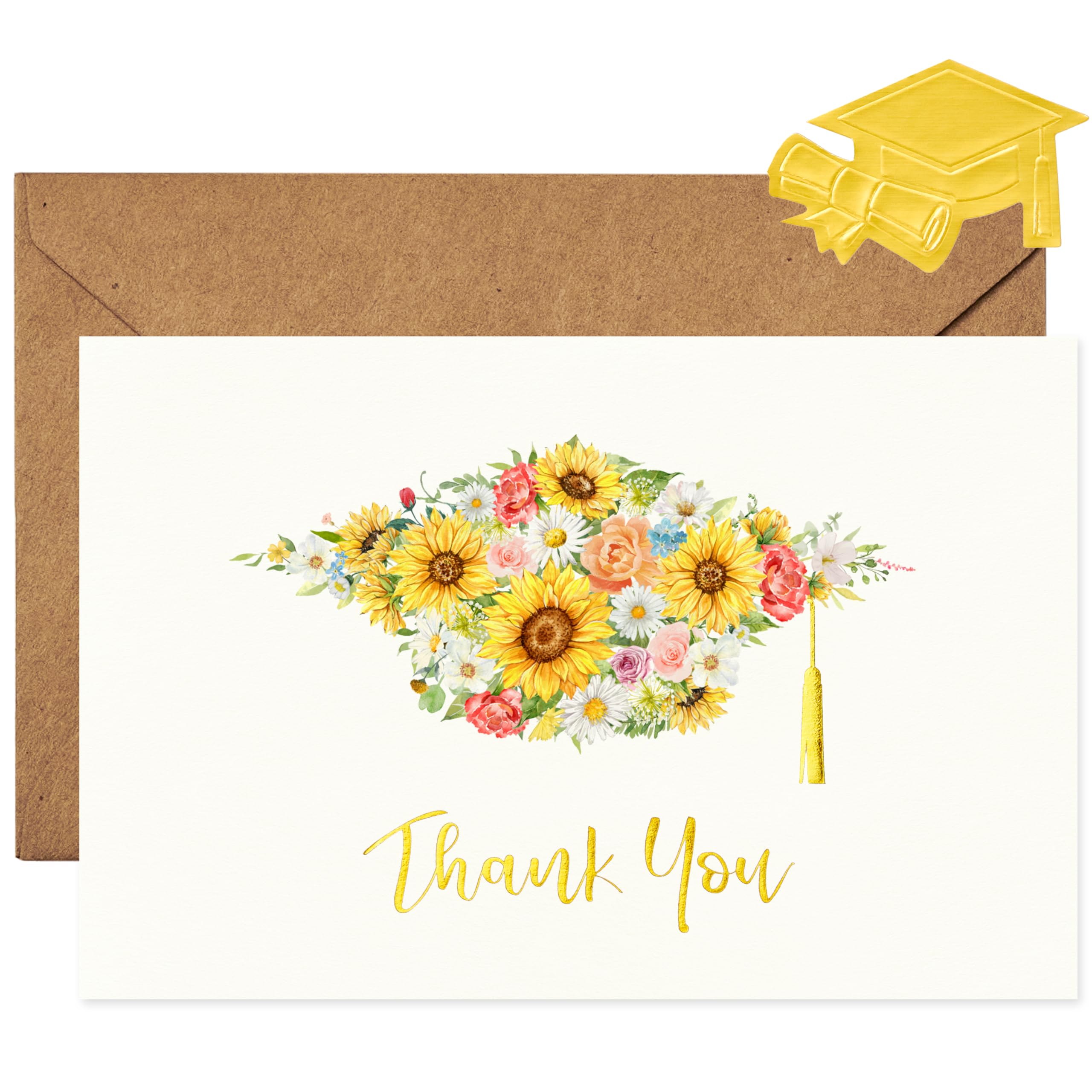 Crisky Graduation Thank You Cards 2025 with Self-adhesive Envelopes & Stickers, 50 PK Grad Thank You Notes Bulk, Flowers High School Cap with Gold
