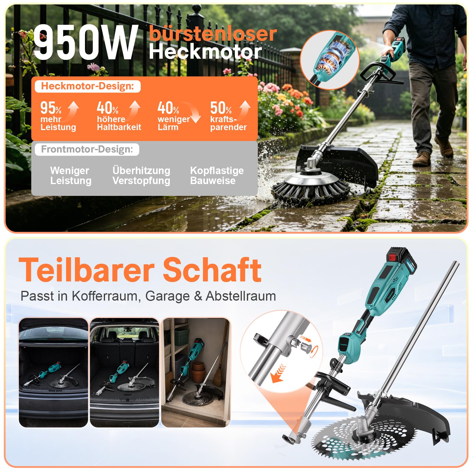 Rasentrimmer mit Akku,4-in-1 für Makita-Akkus,950W | Bürstenloser Motor, 15cm Unkrautbürste, 3m Tap&Go, Längerer Schaft, 2x 4.0Ah Akku, Garden Trimmen