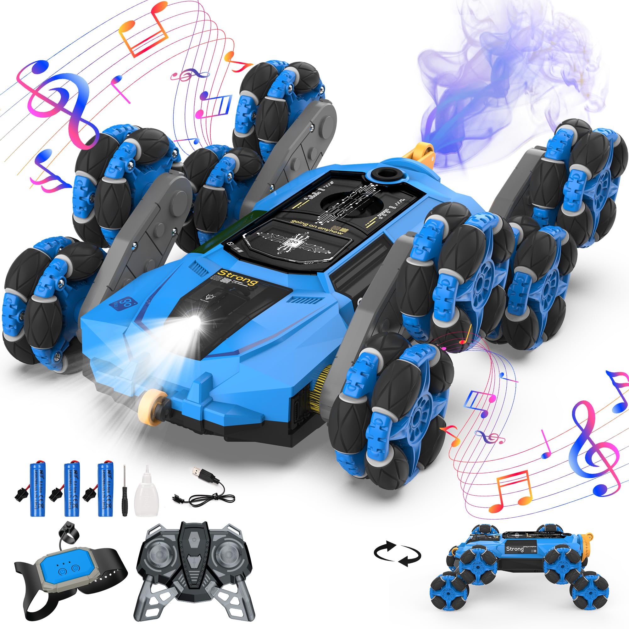 Cossy 8WD Gesture Sensing RC Stunt Car, 2 Modes, Drift Car with Light & Music, 360° Rotation, Climbing Stunt Car, Ages 8-13, Cool Spray & Lights