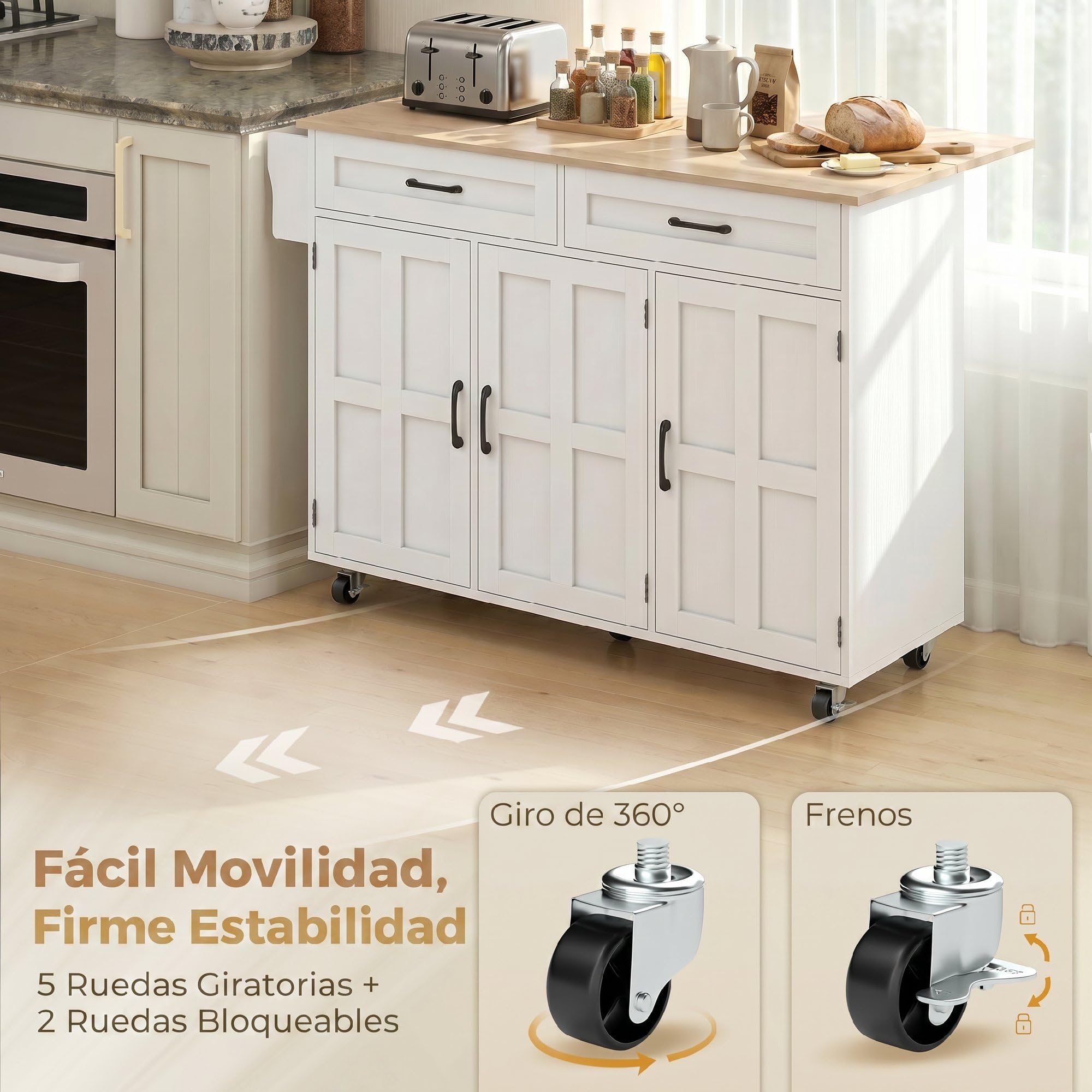 HOMCOM Isla de Cocina con Encimera Extensible, para Comedor, Blanco | Carro de Cocina con Ruedas, 2 Cajones, 3 Armarios, Estantes en la Puerta, Toallero, Estantes Ajustables