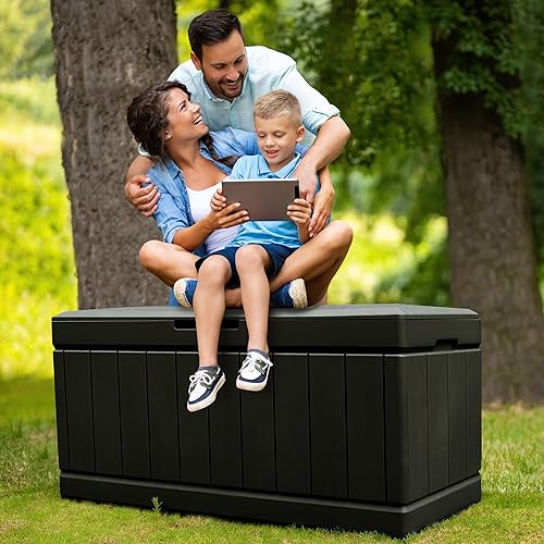 Miniatura 6 de Caja de resina de 88 galones, con cerradura, impermeable, para exteriores, contenedor de almacenamiento grande para almohada de dormitorio,