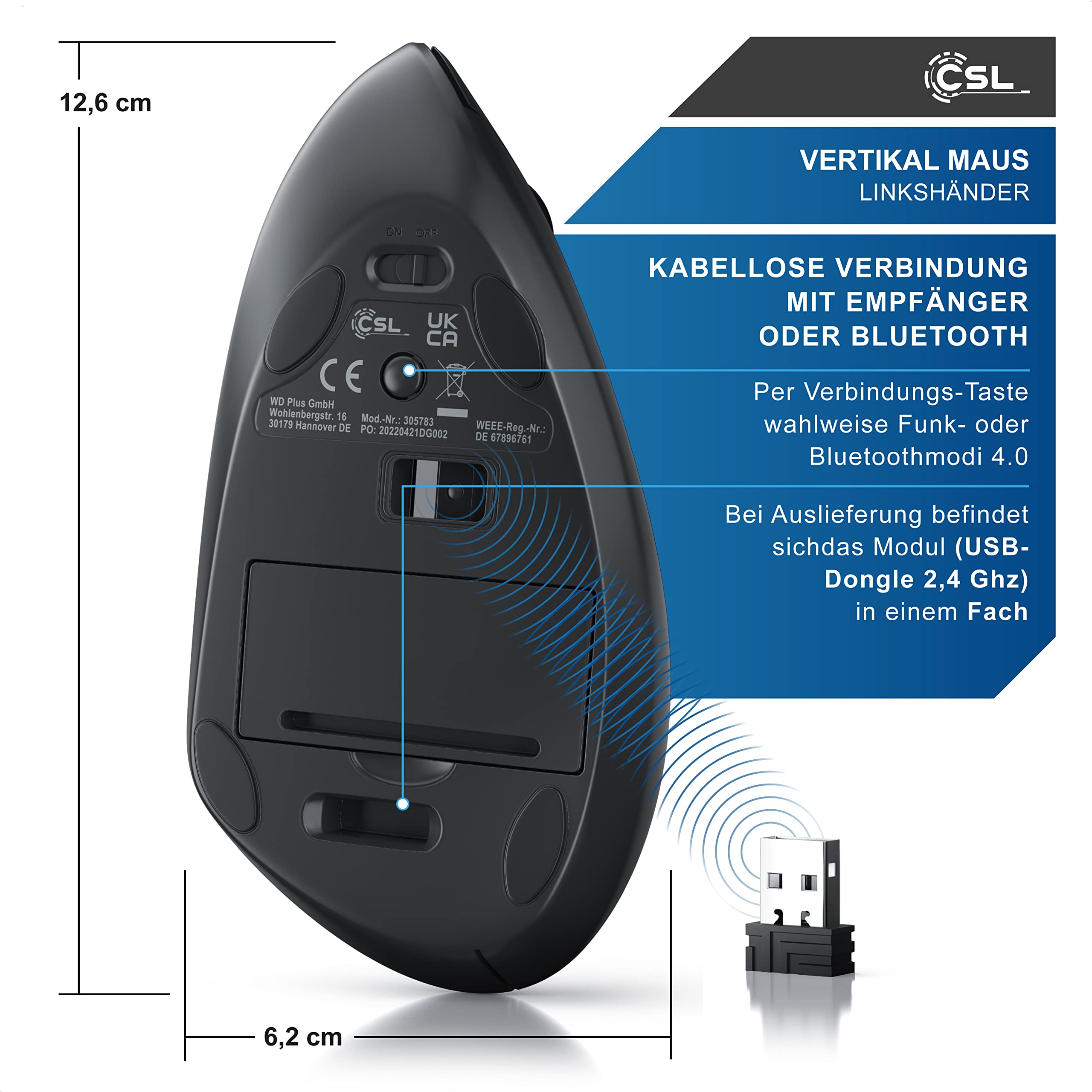 CSL – Maus kabellos für Linkshänder – Vertikalmaus Bluetooth und 2,4 Ghz Wireless Funkmaus – vertikal ergonomisch – Vorbeugung gegen Mausarm – für pc Laptop Notebook