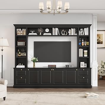 Merax All-in-One Modern TV Stand with Bookcase for TVs up to 70 inch, Entertainment Center with 3 Adjustable Shelves, for Living Room, Display Storage Cabinet, Ample Storage Space TV Stand, Black