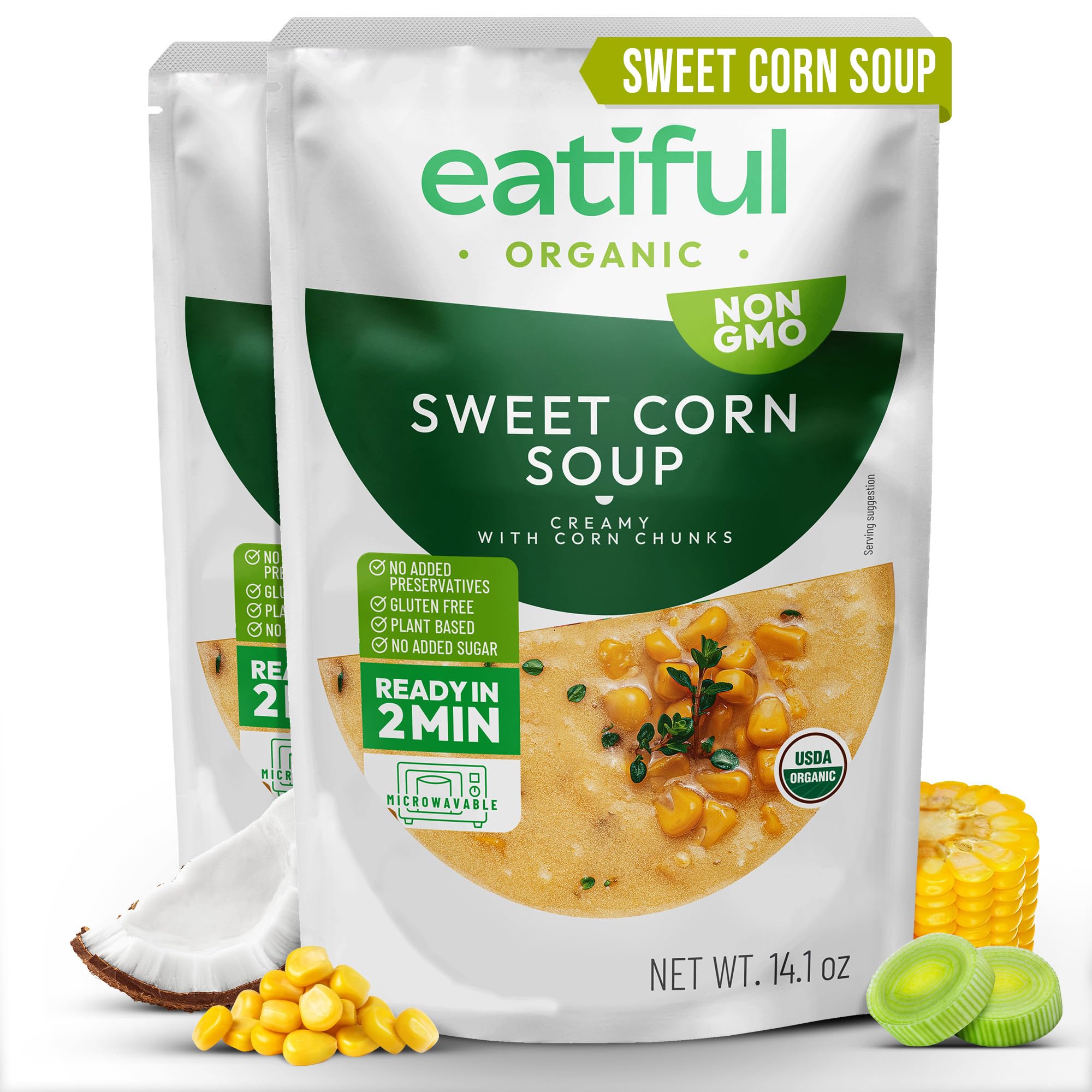EATIFUL EATIFUL Velouté de Maïs Doux Crémeux avec Morceaux de Maïs, Soupe Prête à Consommer, à Base de Légumes Biologiques, Végétale, Sans Conservateurs Ajoutés, Sans Gluten et OGM, 400g (Lot de 2)