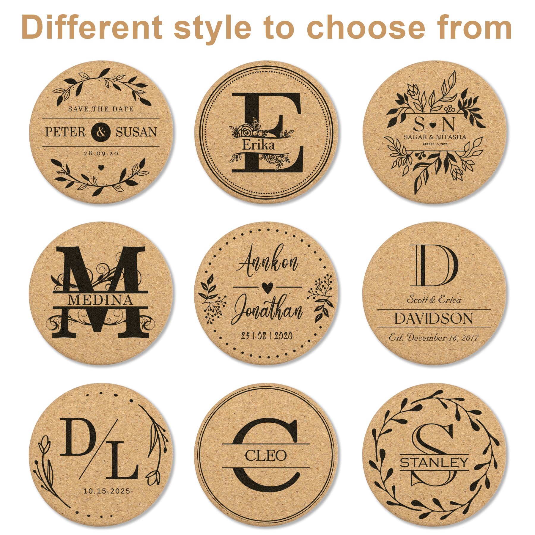 30-100 posavasos de corcho personalizados para bebidas, redondos de 4 pulgadas, recuerdos de boda para invitados, posavasos personalizados a granel con imagen de texto grabado con láser o