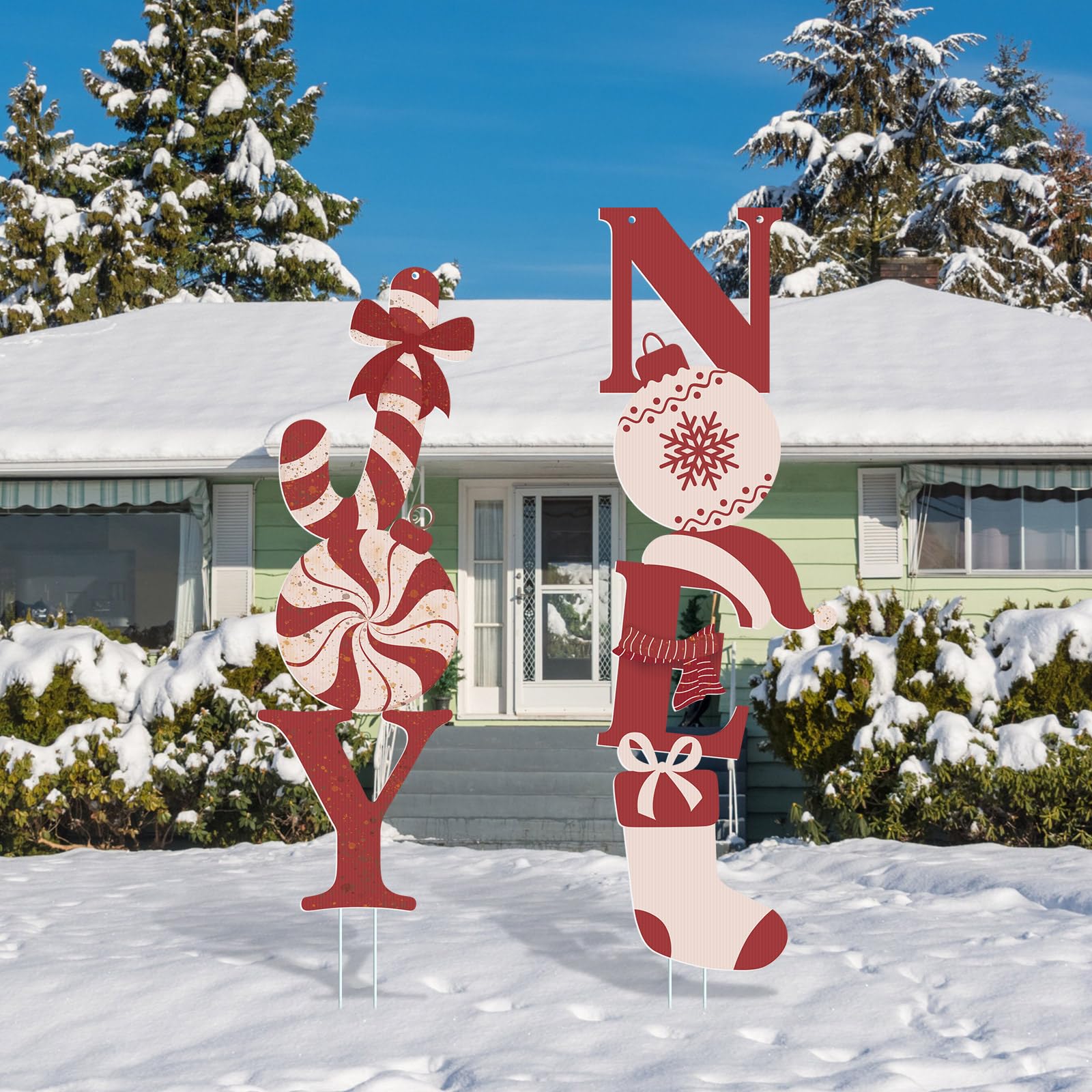 Memorywuu 2 Pcs Christmas Noel and Joy Yard Signs Outdoor Christmas Yard Sign with Stakes Christmas Peppermint Candy Cane Hanging Decor for Xmas Tree Garden Lawn Patio Indoor Outdoor Decoration
