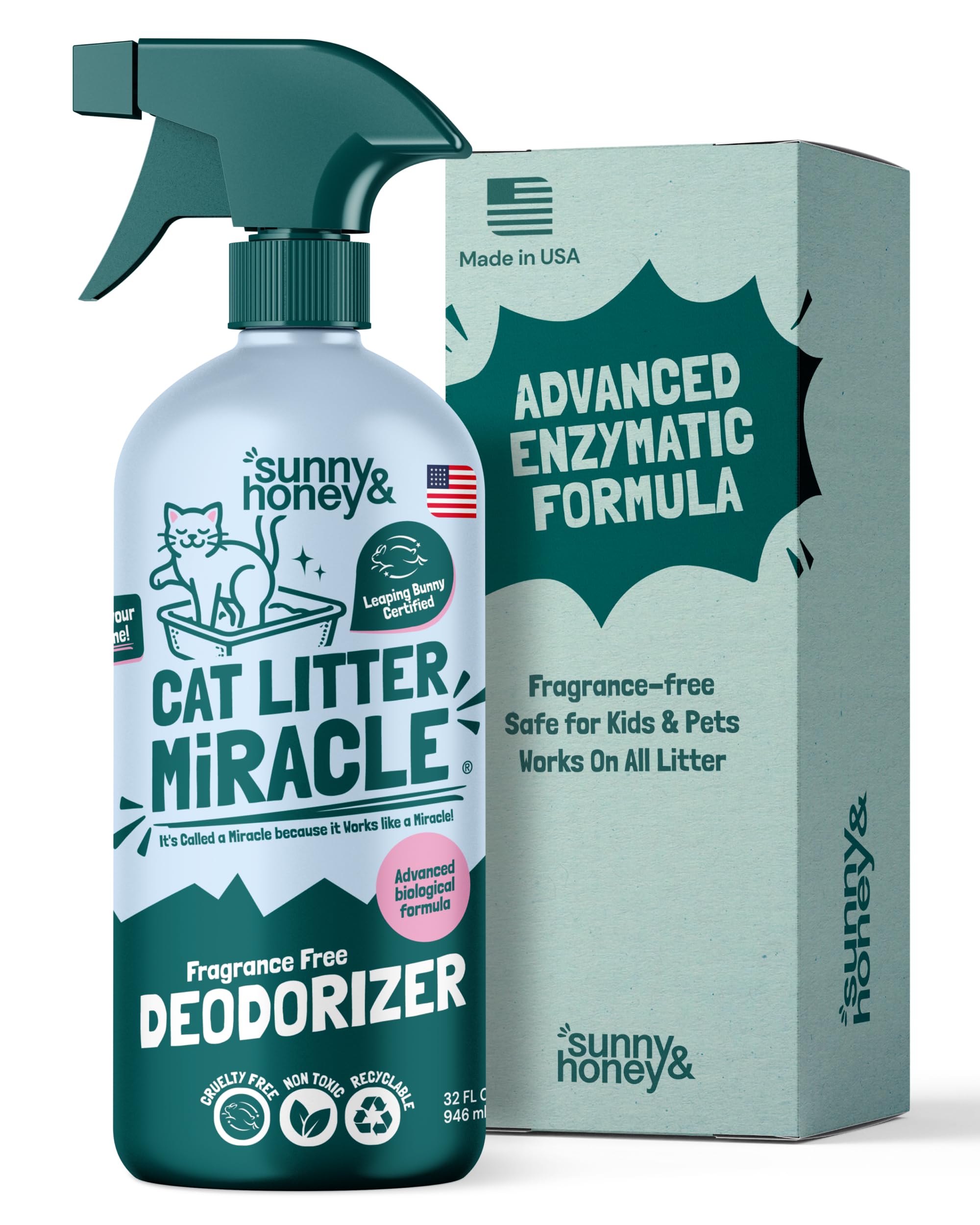 Sunny & Honey Cat Litter Deodorizer Spray - 32 fl oz Unscented - Fragrance-Free Pet-Safe Formula - Neutralizes Litter Box Smells at Source