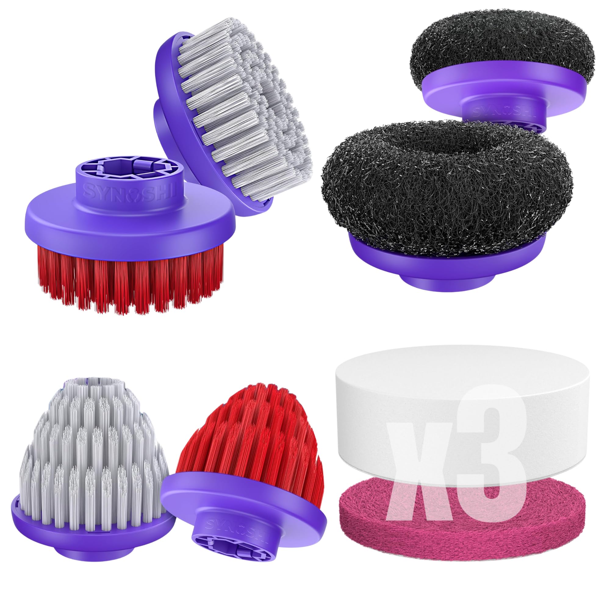 Synoshi Pro Power Scrubber Bürstenkopf Set – 2 Rundbürsten, 2 Stahlbürsten, 2 Kegelbürsten und 3 Magic Schwämme – Perfekte Reinigung für Ecken, Fugen, Wände, Arbeitsplatten, Grill und mehr