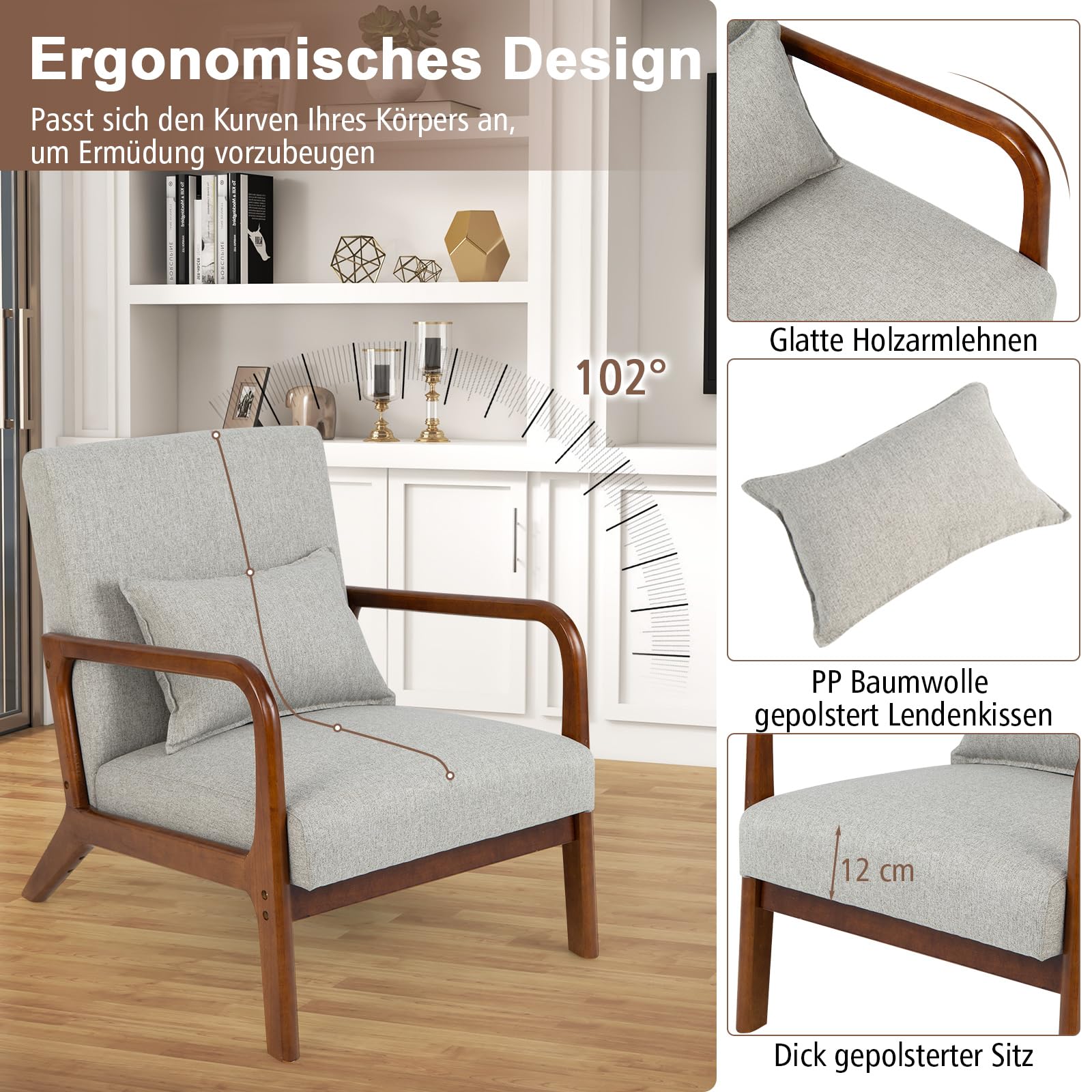RELAX4LIFE Loungesessel Gepolstert, Akzentstuhl mit Massivholzrahmen, Relaxsessel mit Kissen Rückenlehne Armlehnen, bis 200 kg belastbar, Polstersessel für Wohnzimmer Schlafzimmer Büro (Grau)
