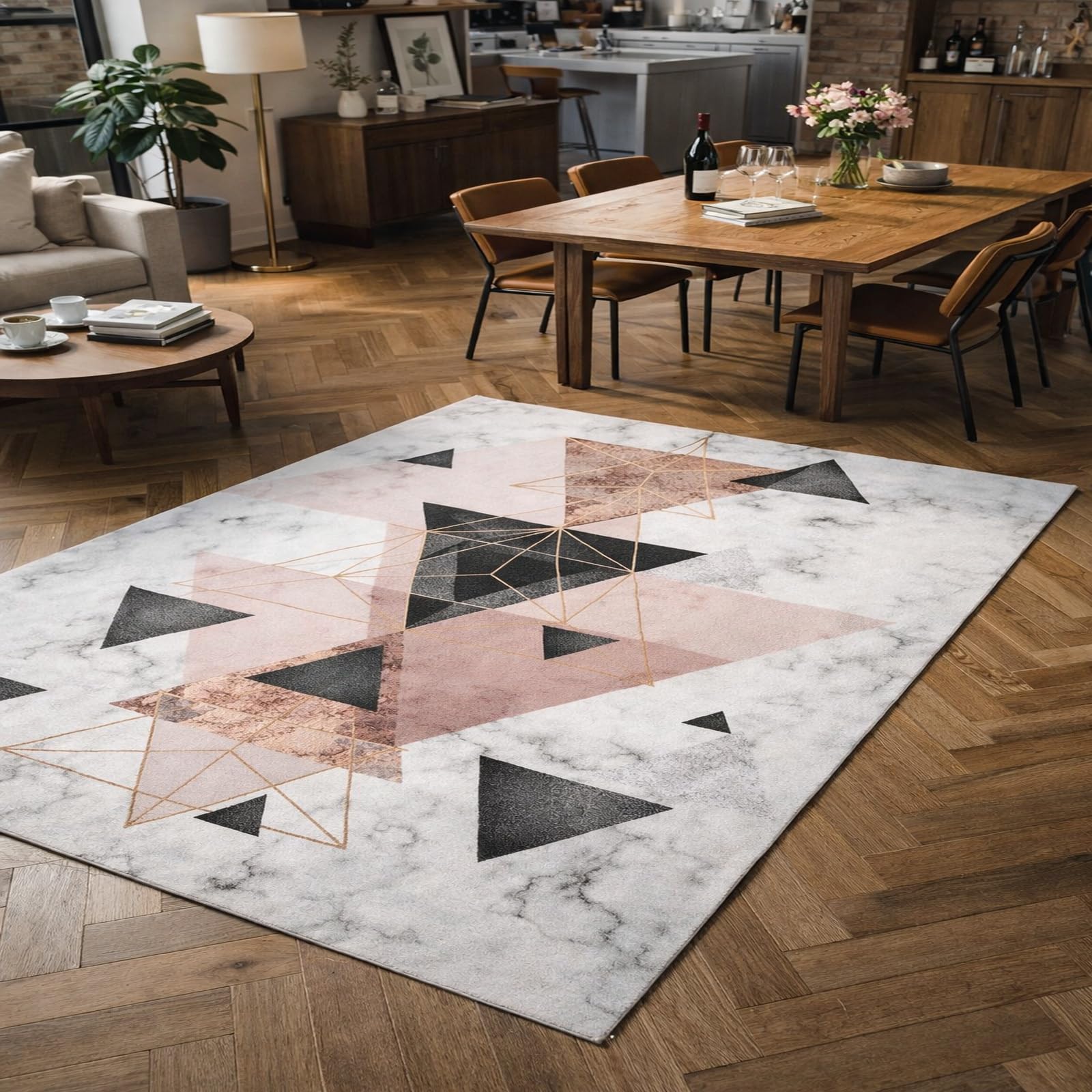 Alfombra lavable Rururug de 130x160 cm, alfombra de pelo corto geométrica rosa para sala de estar