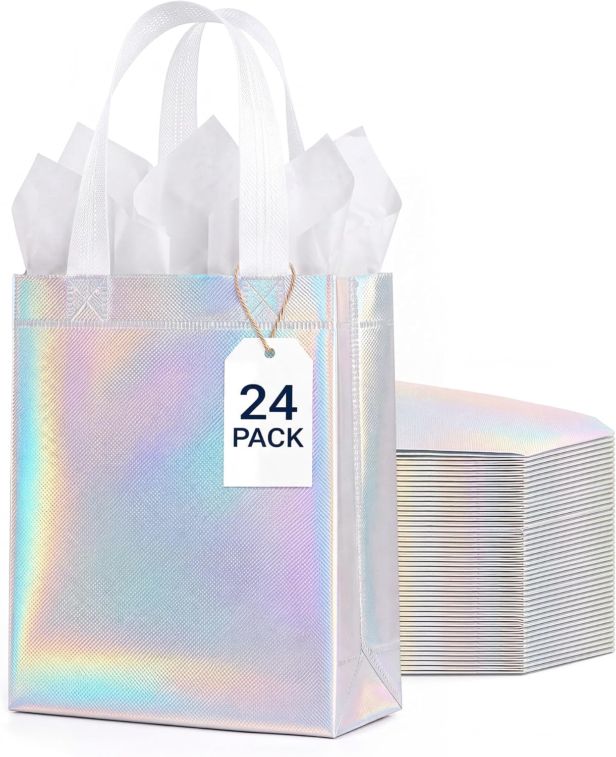 24Pcs Iridescent Small Gift Bags with Tissue Paper, Reusable Goodie Bags