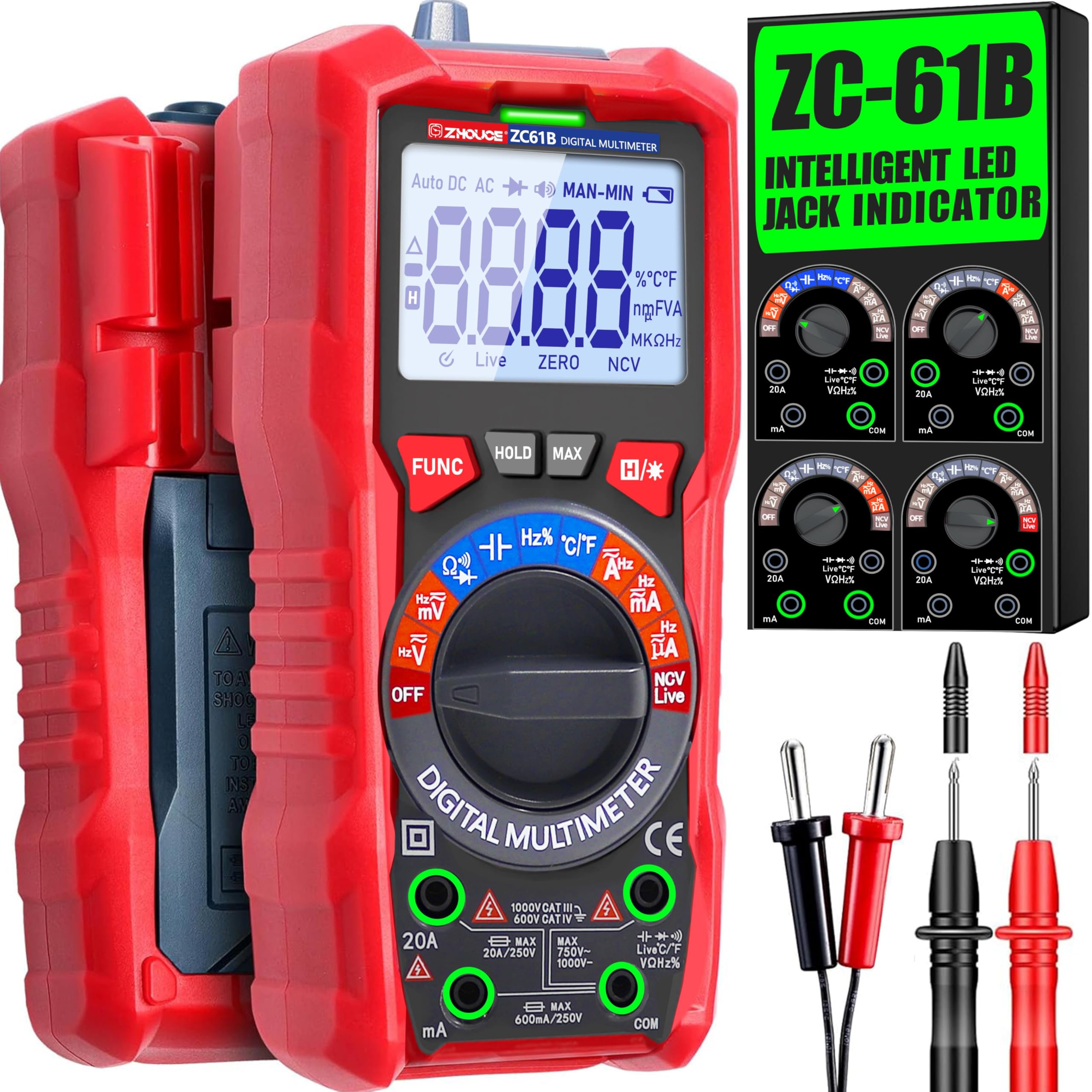 Digital Multimeter TRMS 6000 Counting,with DC AC Voltmeter Ohm Volt Amp Meter Temperature Frequency NCV Measures Voltage Current Resistance Diode Continuity Capacitance, Home, Automotive Battery Test