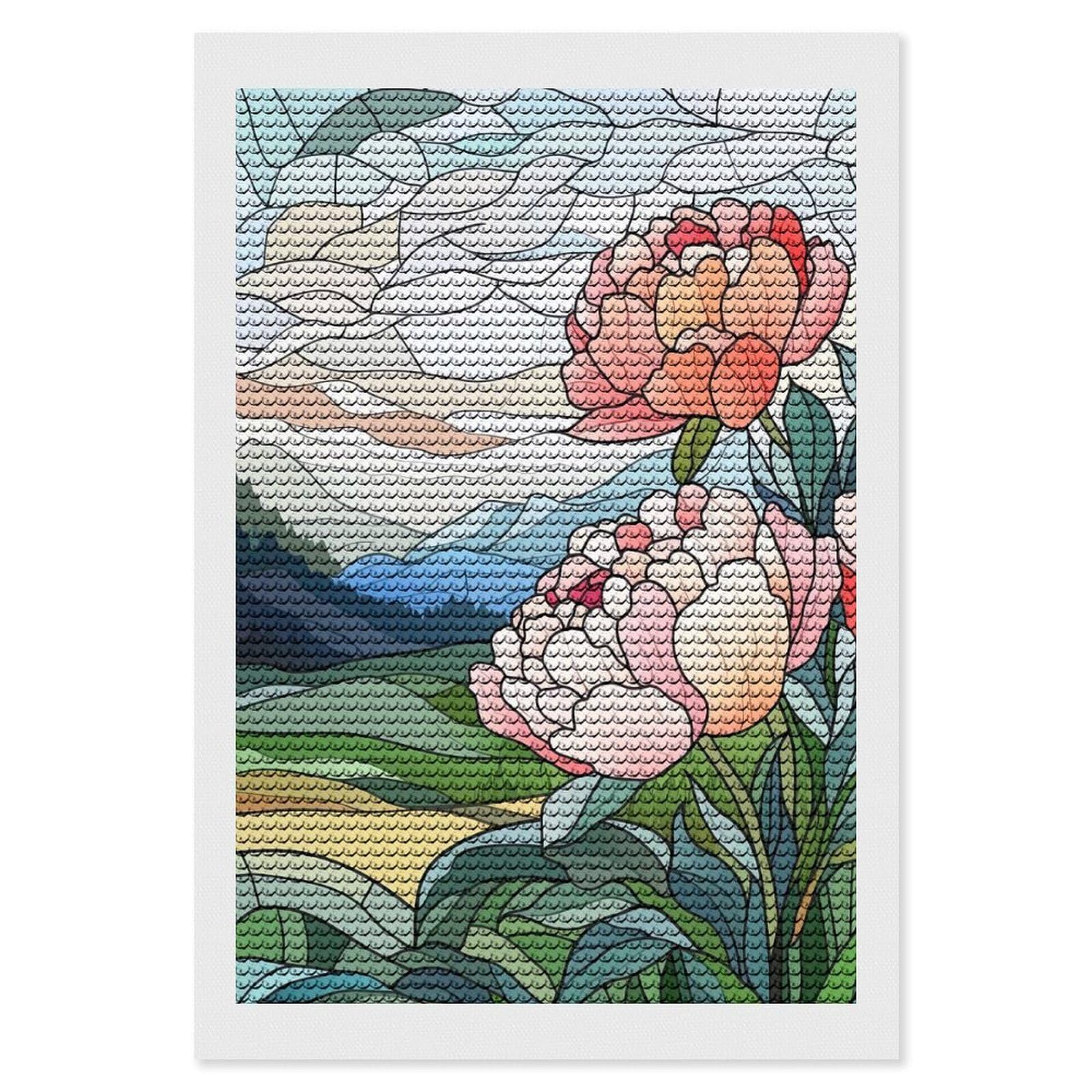 Junmoney Stained Glass Peonies Full Drill Diamond Painting Kit 8"x12", Sparkling Round Gems, Decorate Your Room, Mindful Craft Activity