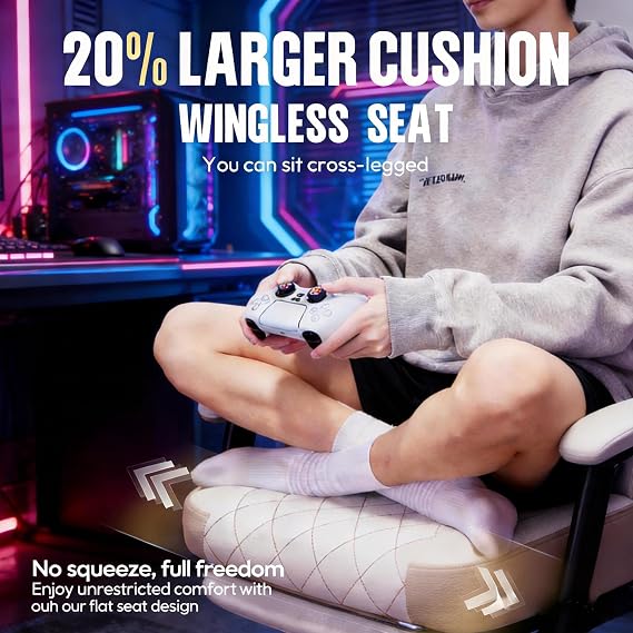 Dowinx Gaming Chair with Pocket Spring Cushion, Massage Lumbar Pillow & Footrest, Wide Seat with Padded Armrests, Breathable Fabric, Reclining Computer Chair for Home Office-Beige